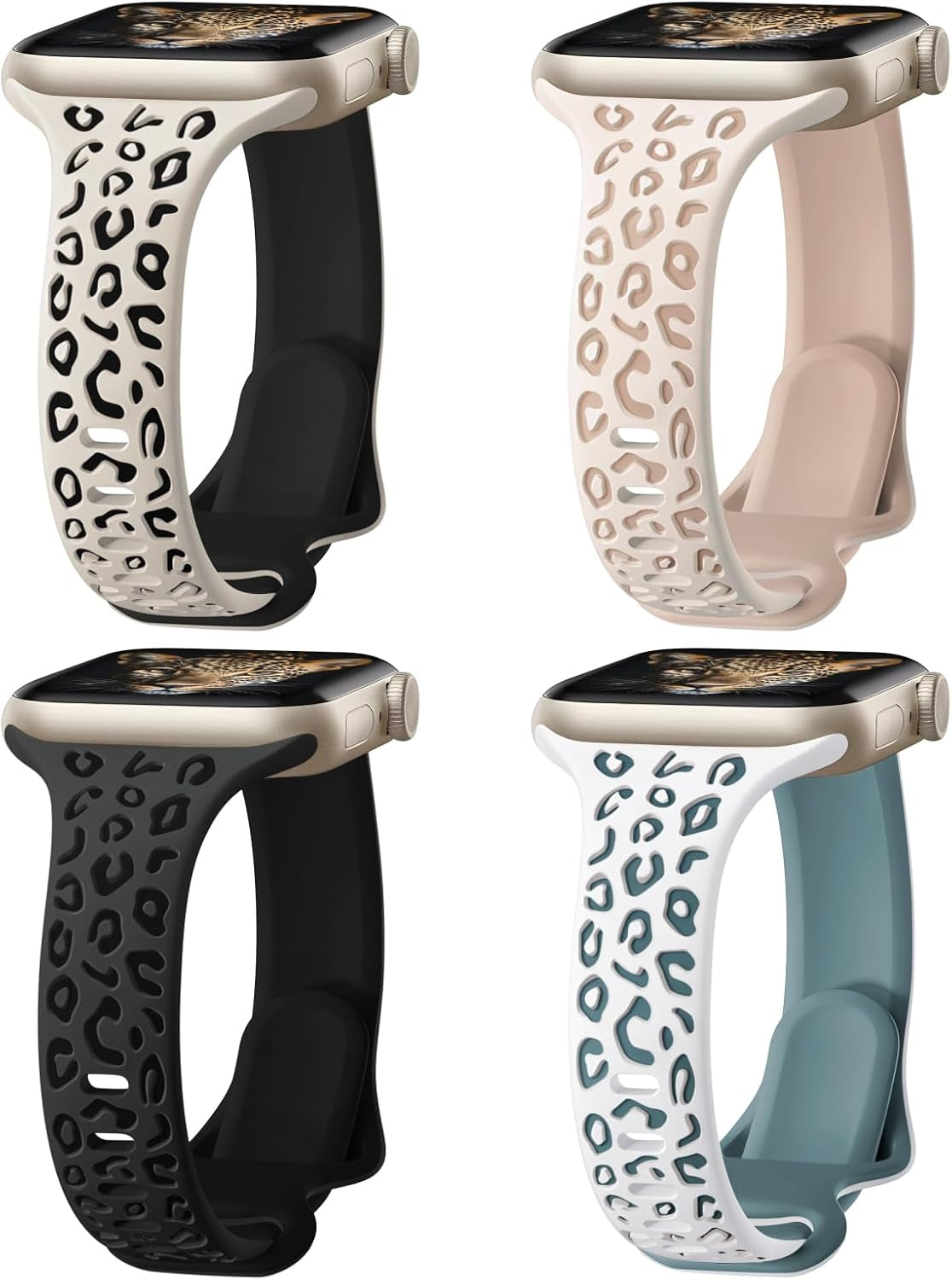 4 Pack Slim Leopard Engraved Bands Compatible for Apple Watch Bands 41Mm 40Mm 38Mm 45Mm 44Mm 42Mm 49Mm Women, Thin Soft Silicone Cheetah Sport Strap for Iwatch Bands Series 9 8 7 6 5 4 3 2 1 Ultra SE