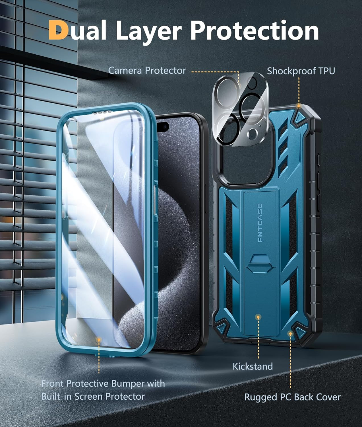 FNTCASE for Iphone 15 Pro Case: Military Grade Drop Proof Rugged Protective Cell Phone Cover with Kickstand & Built-In Protector | Matte Textured Shockproof TPU Hybrid Bumper Cases (Blue)  FNTCASE   