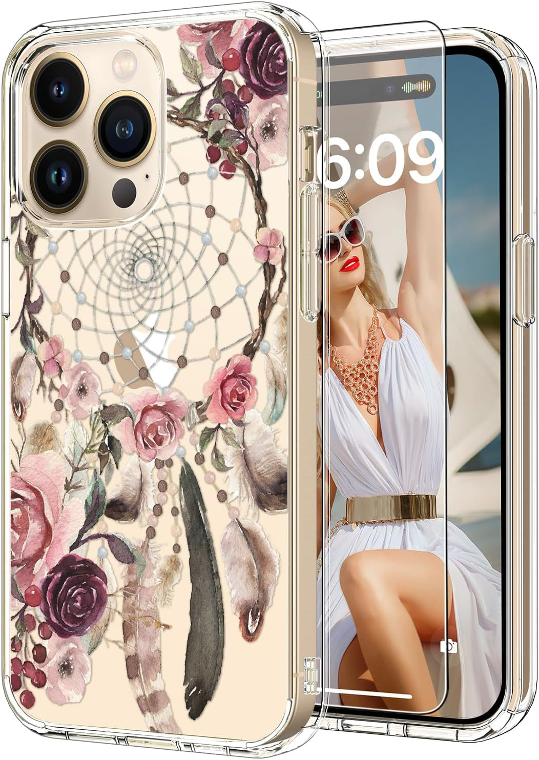 ICEDIO for Iphone 15 Pro Case with Screen Protector-Clear with Fashionable Trendy Patterns-Designed for Girls Women-Slim Fit Cover-Protective Phone Case 6.1" Cute Blooming Pink Floral  ICEDIO   