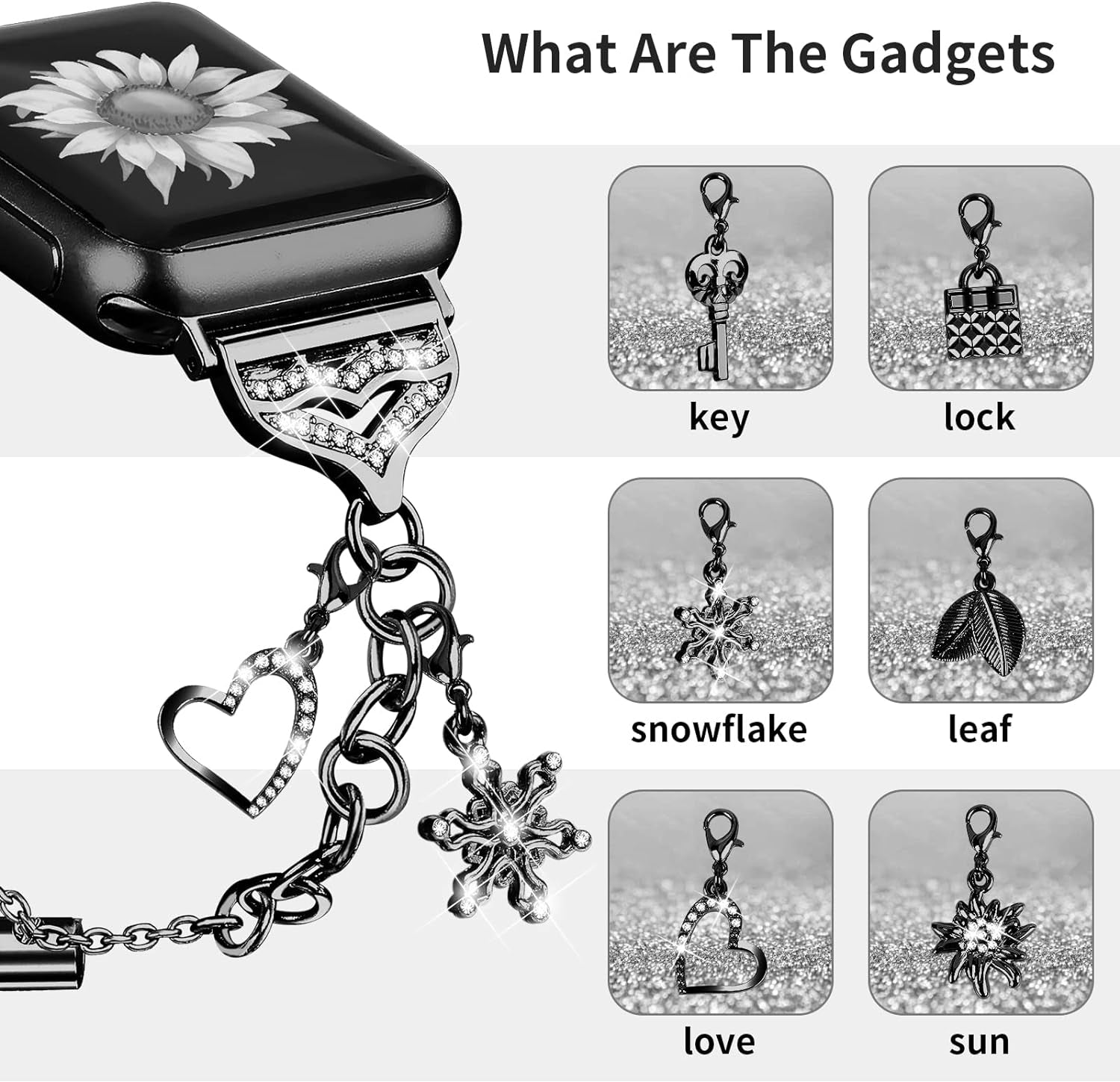 Bling Band Compatible with Apple Watch 49Mm 45Mm 44Mm 42Mm, Metal Jewelry Watch Strap for Ultra/Series SE 9 8 7 6 5 4 3 2 1 Interchangeable Charms Dressy Bracelet for Women (Black)