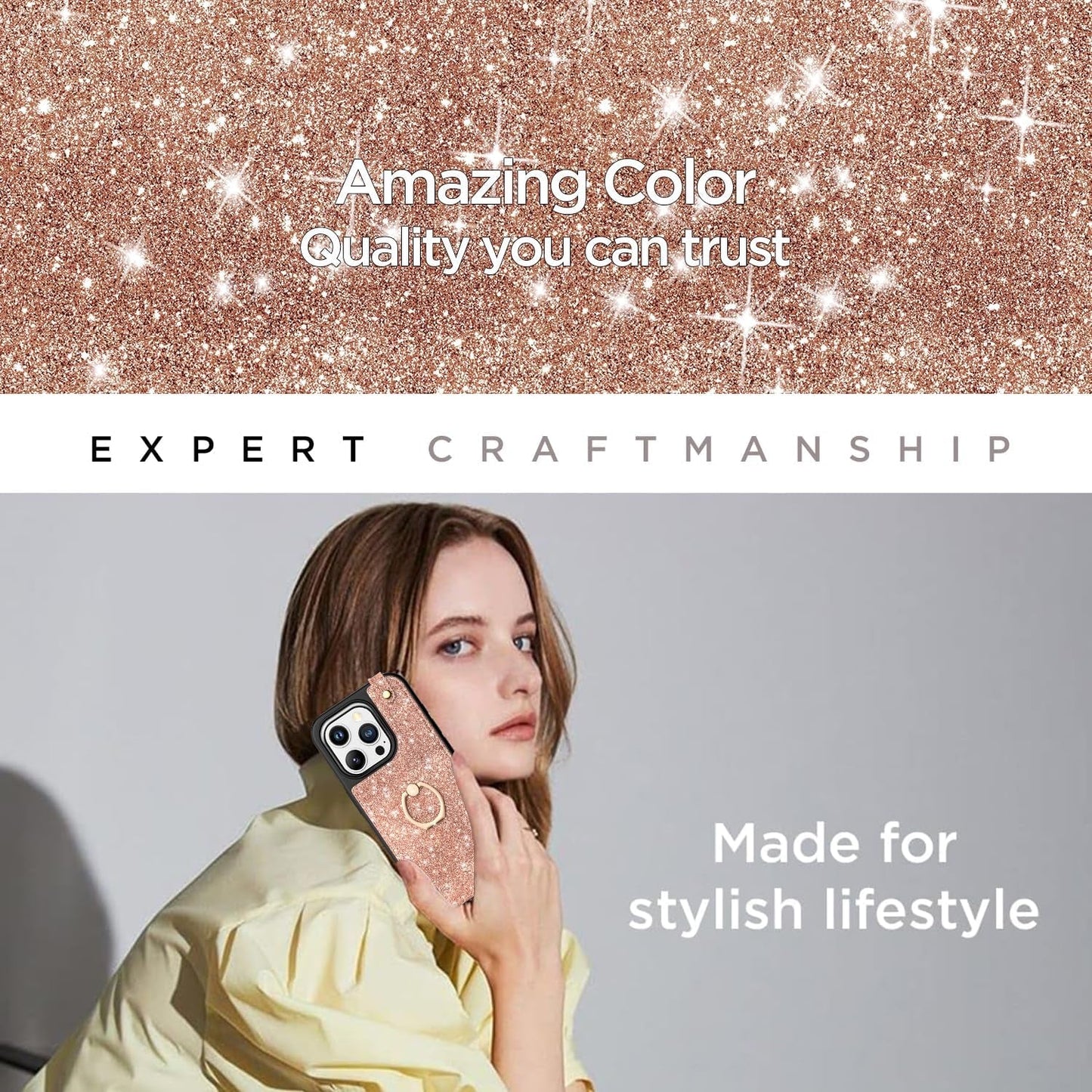 Aicase Card Holder Case Compatible with Iphone 15 Pro Max, Wallet Phone Case Glitter Sparkly Protective Cover for Women with Ring Kickstand and 8 Credit Card Slots, Rose Gold  AICase   