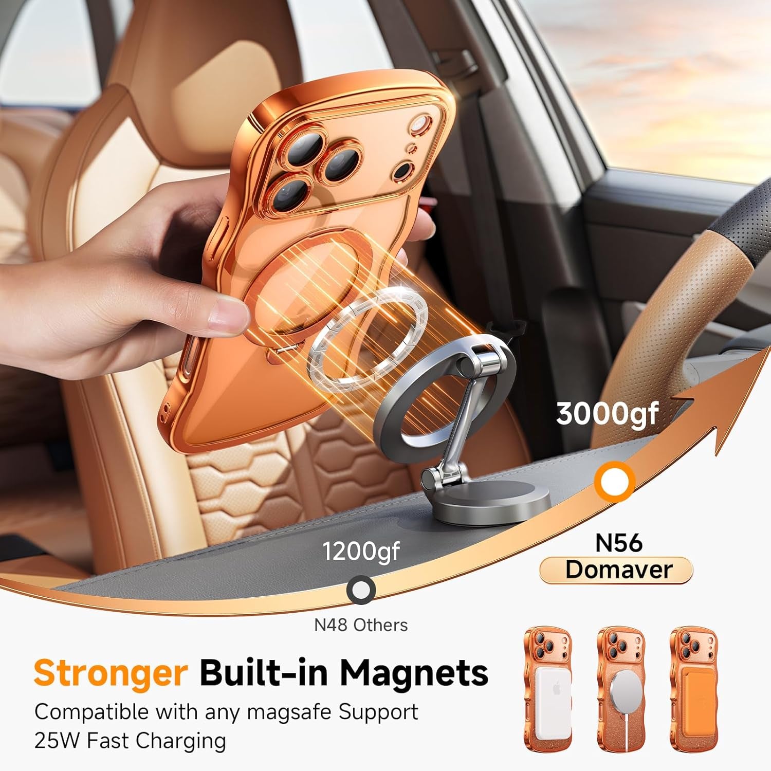 3 in 1 for Iphone 17 Pro Max Case with 360° Spin Magnetic Stand, 1X DIY Glitter Cardstock+1X Screen Protector, [Fit for Magsafe]Cute Wavy Glossy Clear Phone Cover for Women Girls 6.9", Cosmic Orange