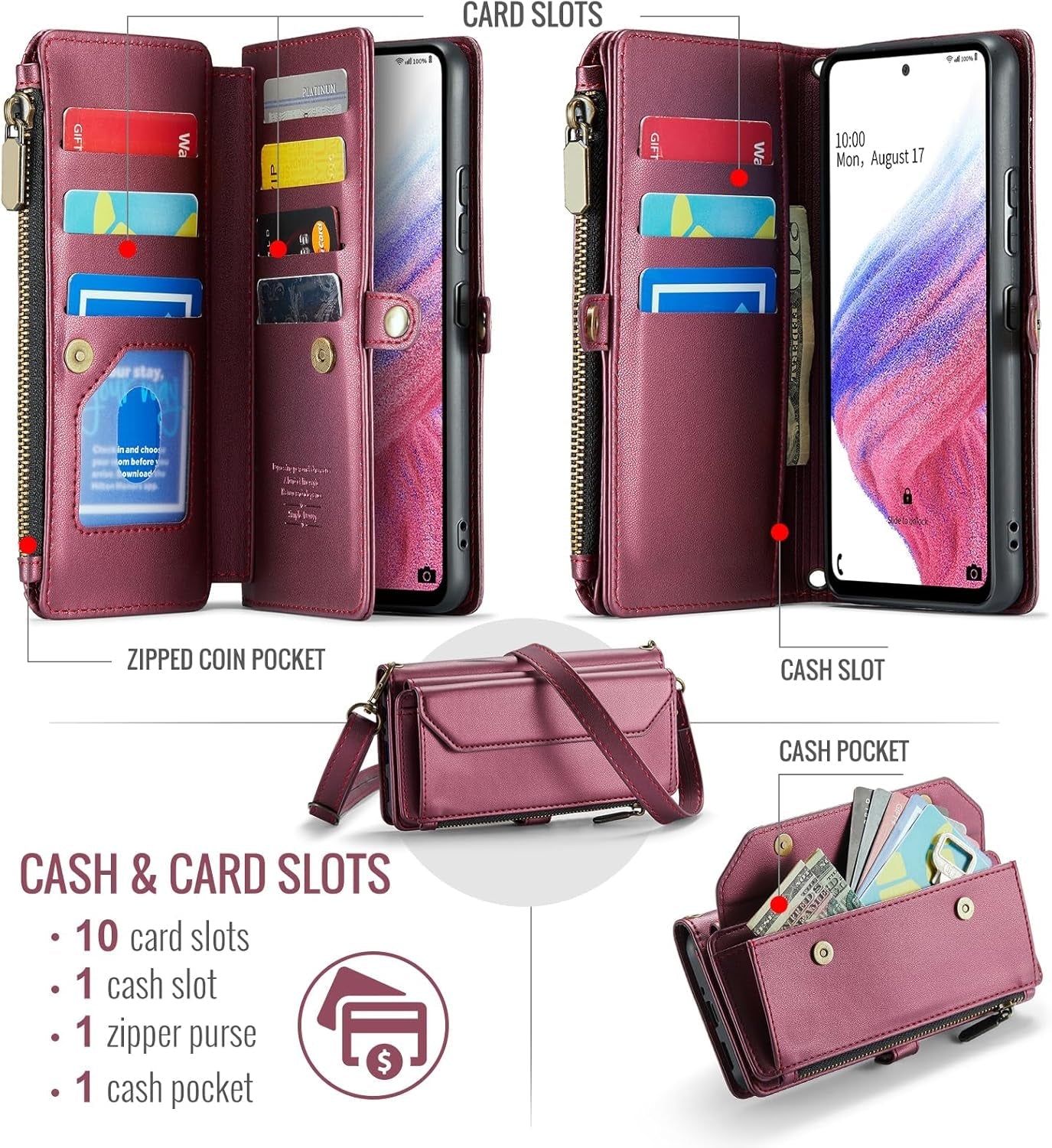 Asuwish Phone Case for Samsung Galaxy A53 5G Zipper Wallet Cover with Tempered Glass Screen Protector and Flip RFID Blocking Credit Card Holder Cell a 53 G5 53A SM A536U 6.5" 2022 Women Girls Wine Red