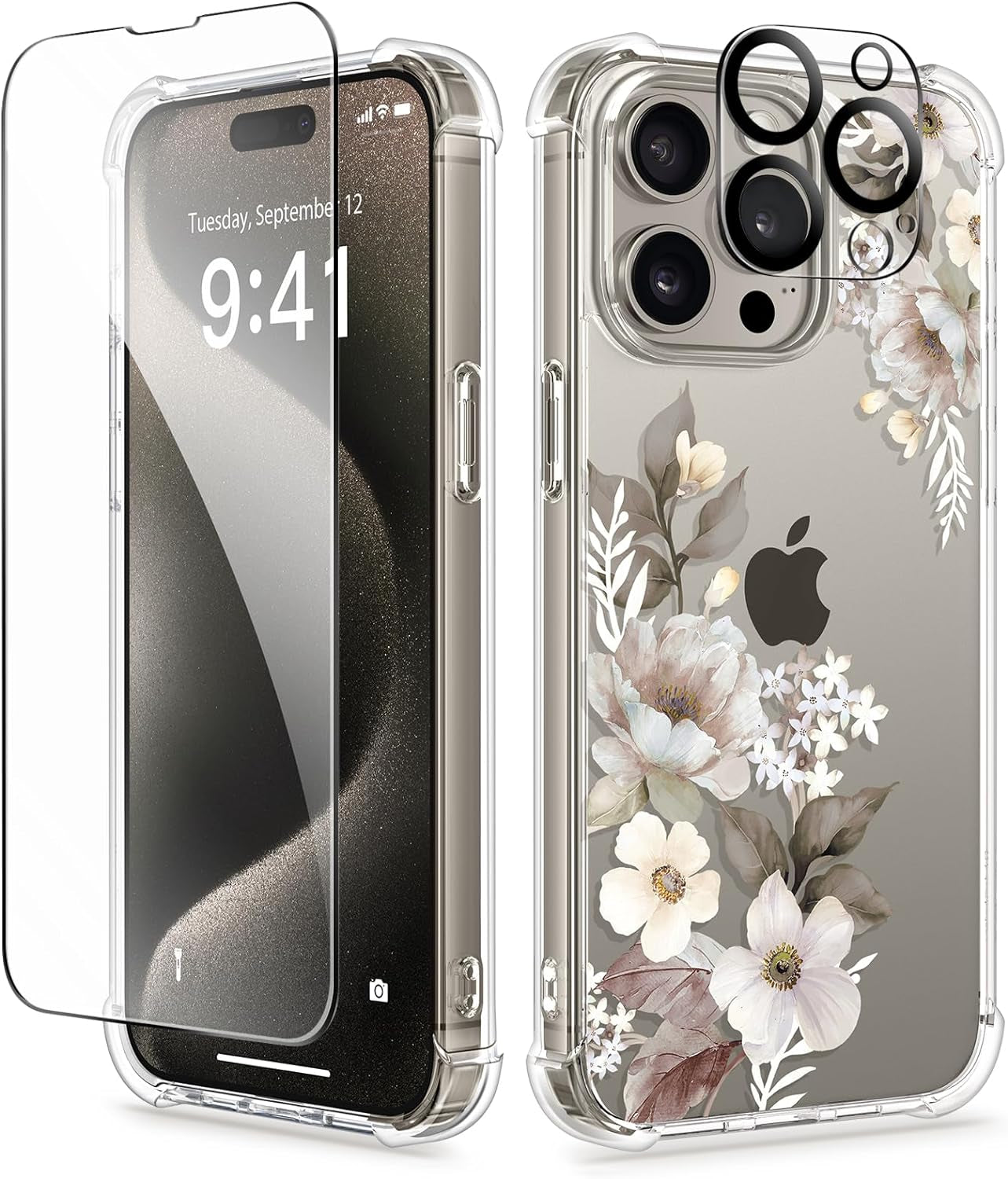 GVIEWIN for Iphone 15 Pro Case Floral, with Screen Protector+Camera Lens Protector, [Not Yellowing] Slim Shockproof Clear Phone Protective Cover for Women, Flower Pattern Design (Ranunculus/Pink)  GVIEWIN Delphinium/Grey  