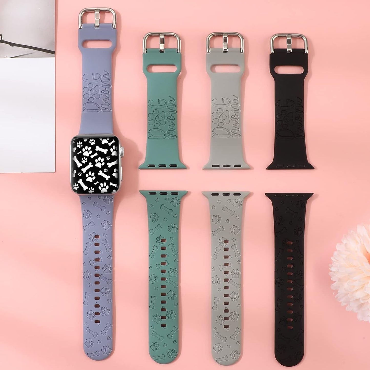 Dog Paw Engraved Silicone Band Compatible with Apple Watch 38Mm 40Mm 41Mm 42Mm 44Mm 45Mm for Women Men,Heart Shape Bone Pattern Carved Soft Silicone Sport Wristband Cute Strap for Iwatch Series SE 9 8 7 6 5 4 3 2 1