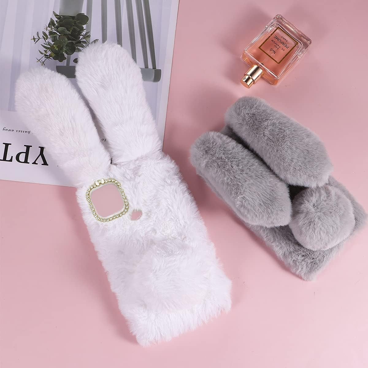 Fluffy Fur Plush Case for Pixel 5 Cute Bunny Furry Girly Cover 3D Animal Fuzzy Protective Case Faux Rabbit Cony Hair Kawaii Toy Fun Women Phone Shell for Pixel 5 Light Grey  Mikikit   