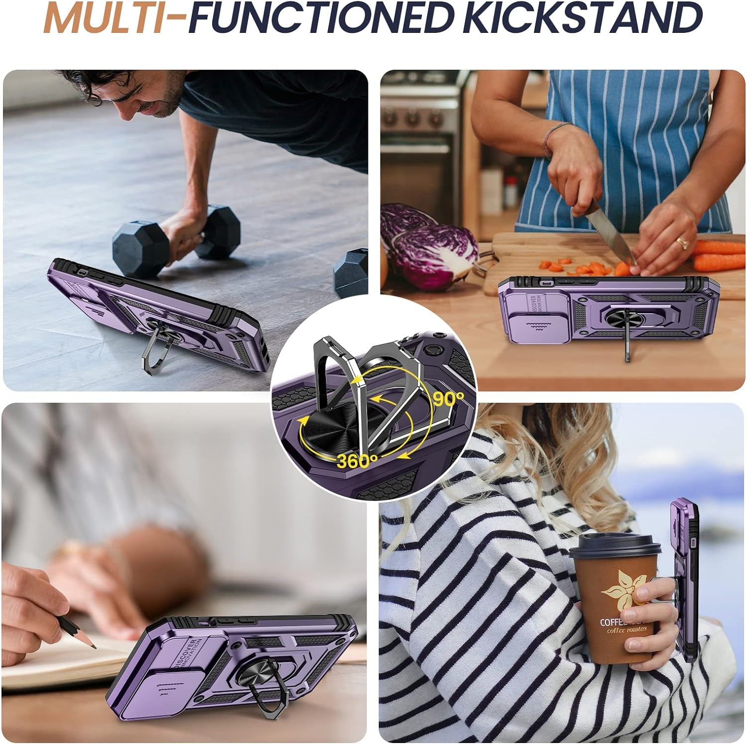 Goton for Iphone 14 Pro Case with Screen Protector - Slide Camera Cover Phone Case with Ring Stand, Heavy Duty Military Grade Shockproof Rugged Bumper for Iphone 14 Pro Accessories Dark Purple  Yin-Goton   