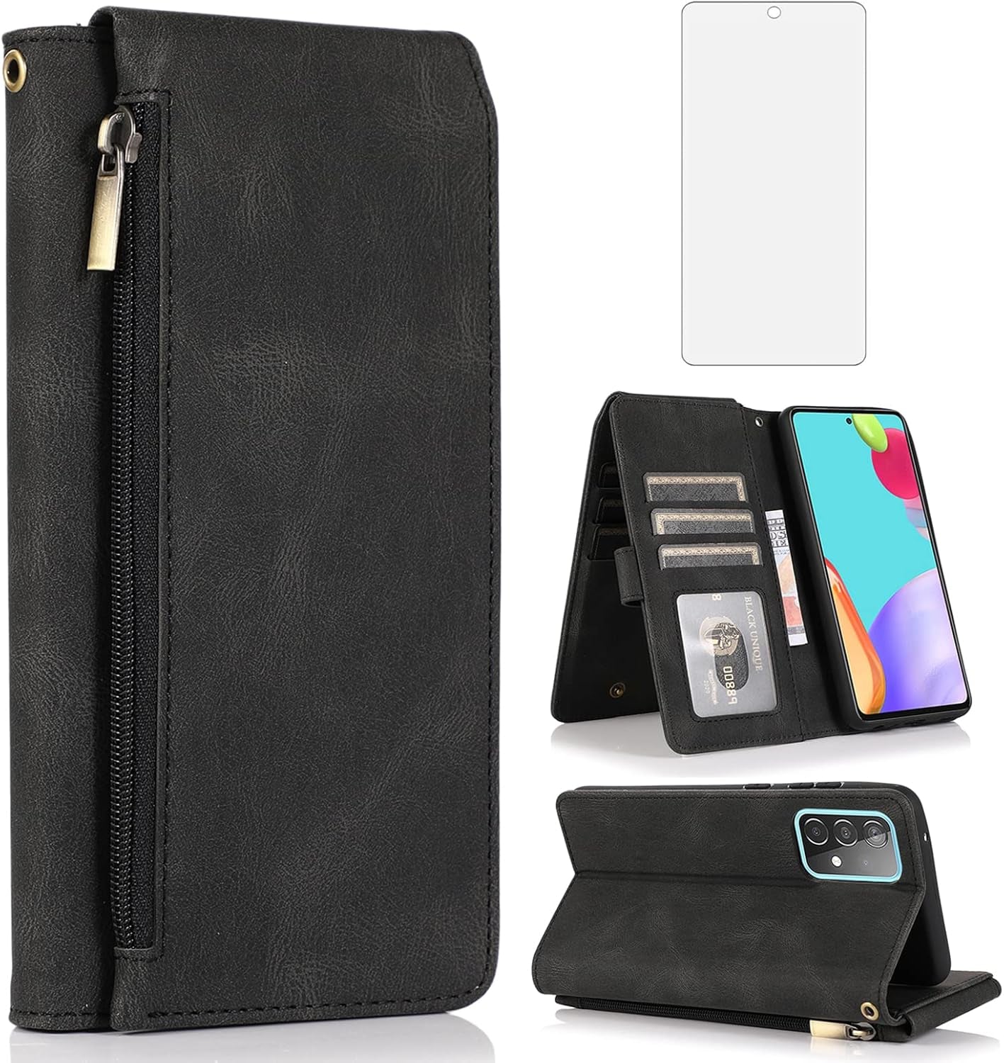 Asuwish Compatible with Samsung Galaxy A53 5G Wallet Case Tempered Glass Screen Protector Zipper Leather Flip Cover Card Holder Stand for Cell Accessories A53 G5 53A SM A536U 6.5" 2022 Women Rose Gold