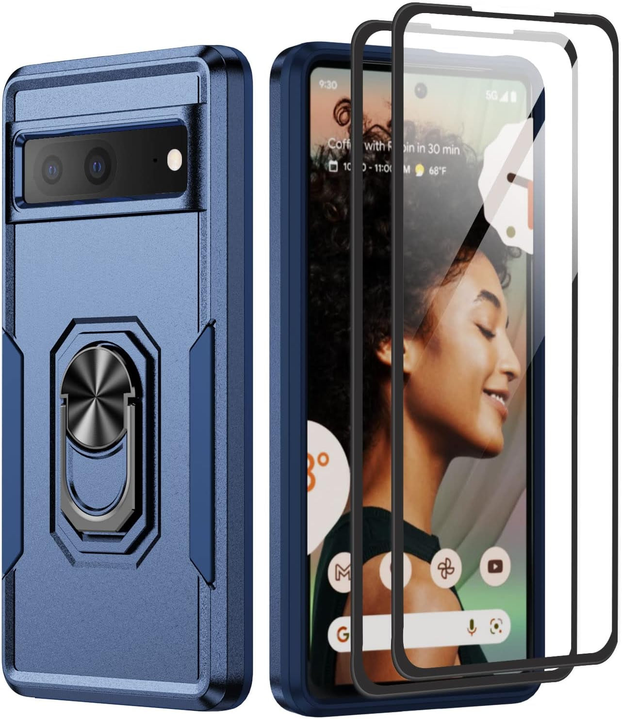 For Google Pixel 6A 5G Case with Screen Protector, Military Grade Dual Layer Heavy Duty Shockproof Full Body Protective Phone Cover, Built in Rotatable Magnetic Ring Holder for 6A (Black)  Niecase Blue  