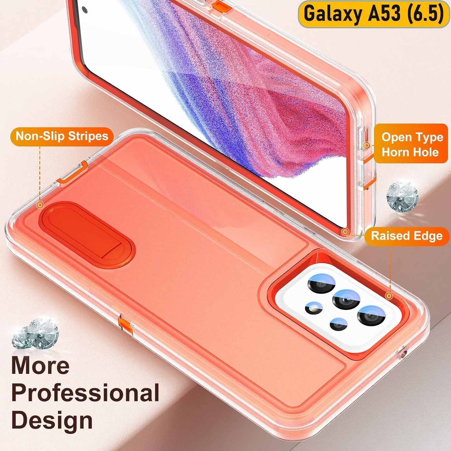 Case Is Specially Designed for Galaxy A53(5G) 6.5 Inch, Full Body Protection Heavy Duty Shock Absorbing 3 in 1 Silicone Rubber Built-In Stand with 2 Tempered Screen Protectors-Orange/Clear