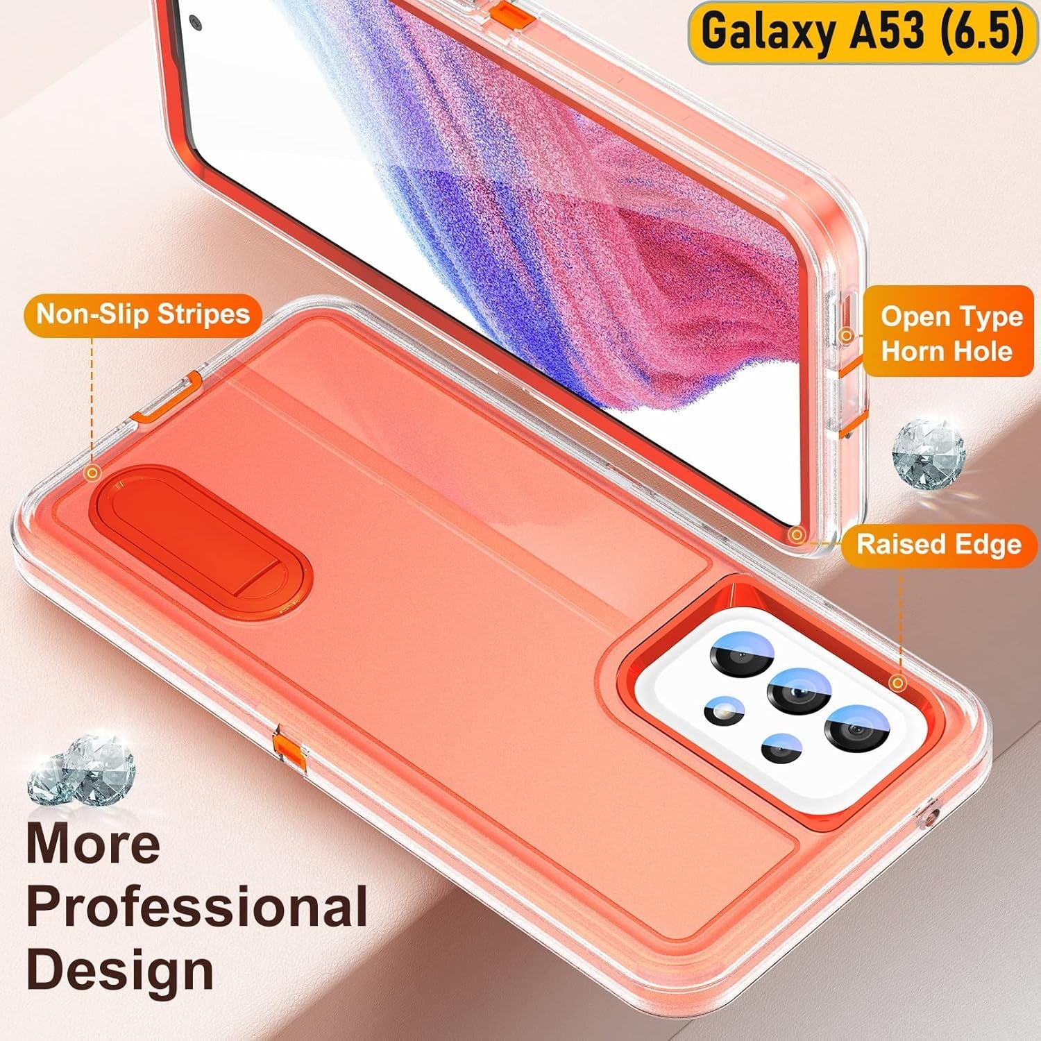 Case Is Specially Designed for Galaxy A53(5G) 6.5 Inch, Full Body Protection Heavy Duty Shock Absorbing 3 in 1 Silicone Rubber Built-In Stand with 2 Tempered Screen Protectors-Orange/Clear