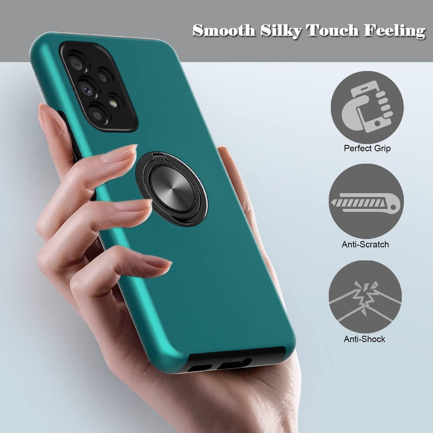 For Samsung Galaxy A53 5G Phone Case with TPU Screen Protector, Ring Holder Kickstand Drop Proof Protective Slim Hard Dual Layer Stand Non-Slip Tough Cover Cell Phone Case (Green)