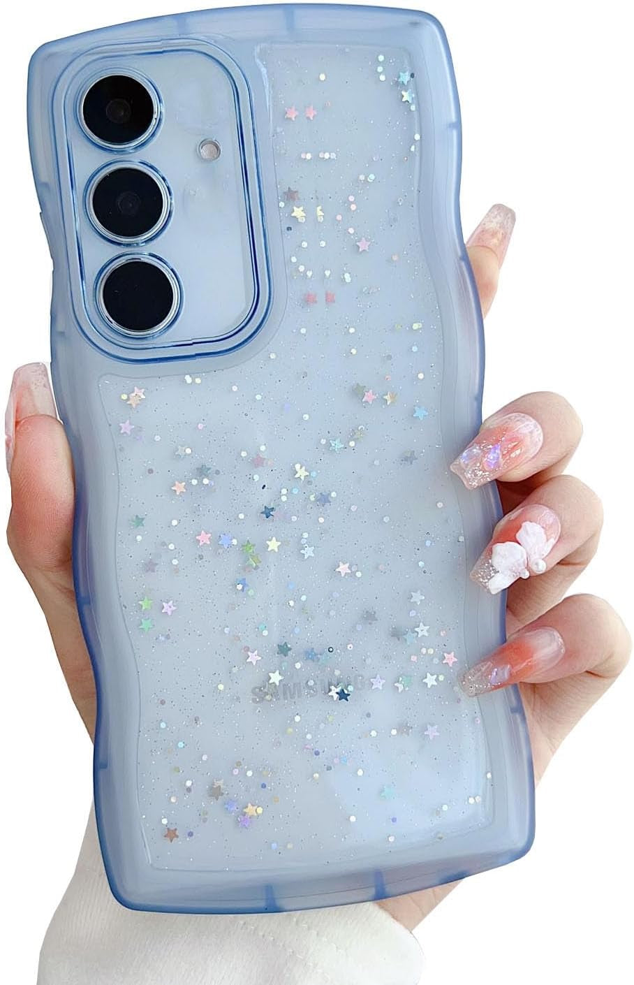 Compatible with Galaxy A53 5G Case for Women Girls Glitter Sparkly Bling Camera Lens Protector Cute Curly Wave Frame Shockproof Protective Cover Phone Case for Samsung Galaxy A53 5G(BLUE)