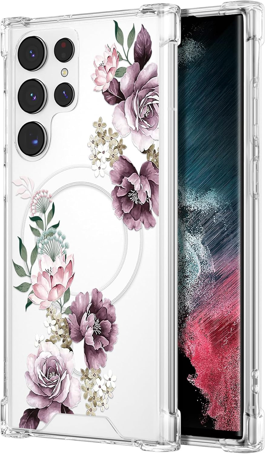 DEFBSC Magnetic Case for Samsung Galaxy S22 Ultra [Work with Magsafe] Clear Floral Flower Pattern Print Design Flexible Acrylic Shockproof Cover Flower Protective Phone Case, Purple Peony
