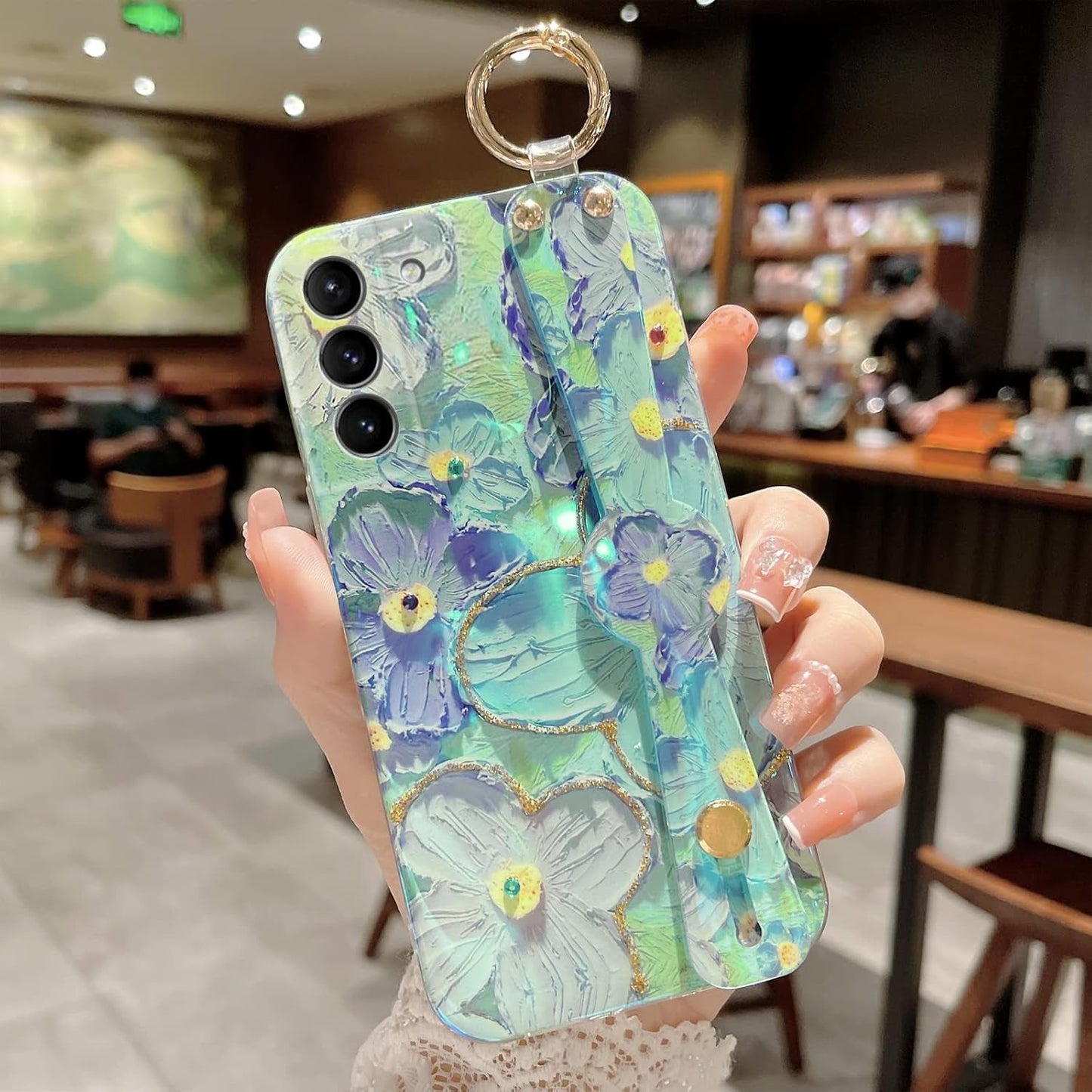 For S22 Phone Case, Galaxy S22 Case for Elegant Cute Flower Petals with Wrist Band Kickstand Ultra Slim IMD Soft TPU Shockproof Protection Holder Cover for Samsung S22