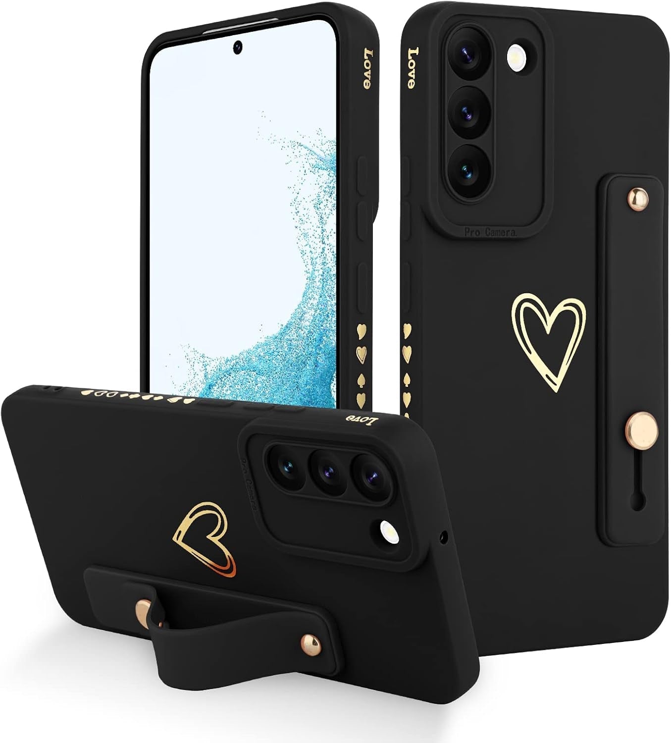 Fiyart Designed for Galaxy S22 plus 5G Case with Phone Stand Holder Cute Love Hearts Pattern Slim Protective Camera Protection Cover with Wrist Strap for Women Girls for S22 plus 5G 6.6"-Dark Blue