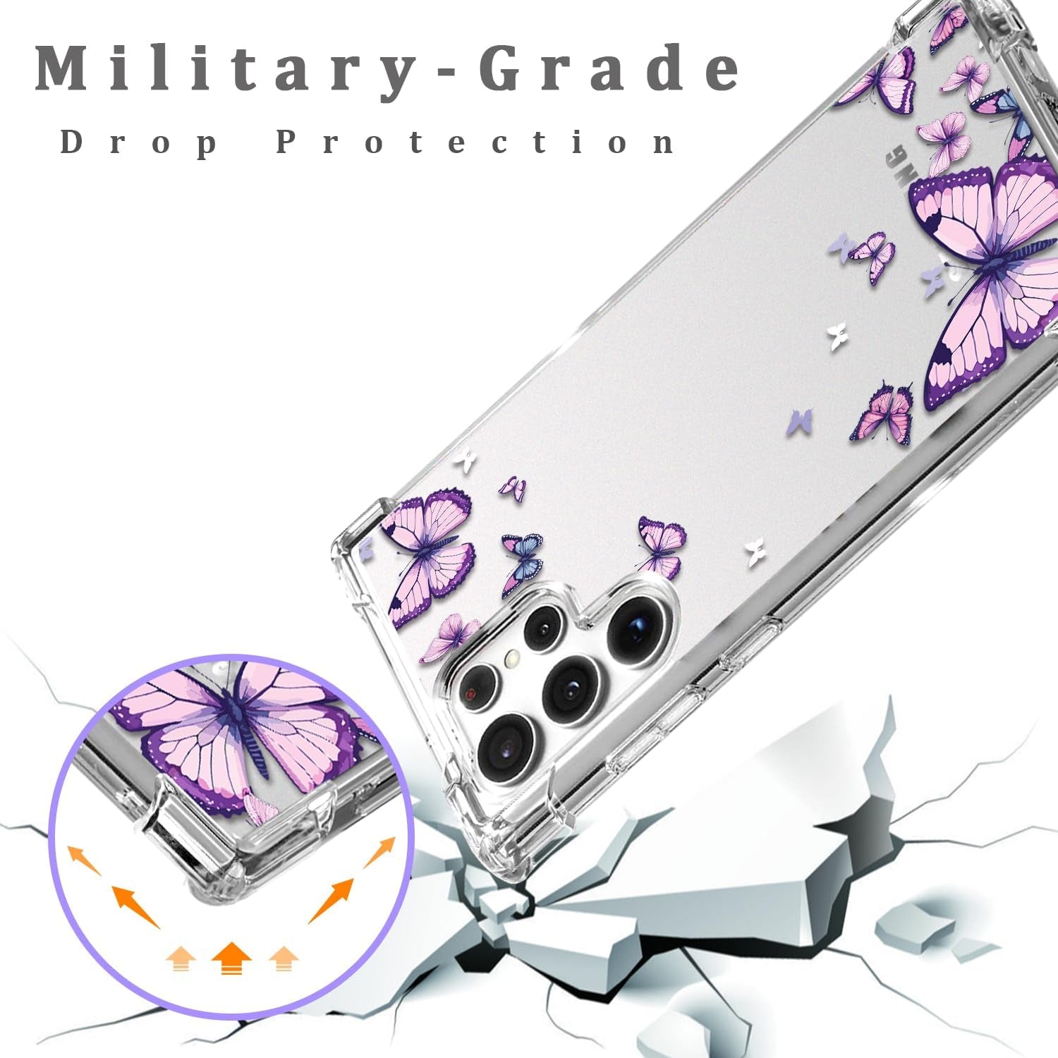For Samsung Galaxy S22 Ultra Case,Alluring Purple Butterfly Pattern anti Yellowing Slim Hard Cases,Hard PC + TPU Bumper Clear Shockproof Protective Women Phone Cover - Purple