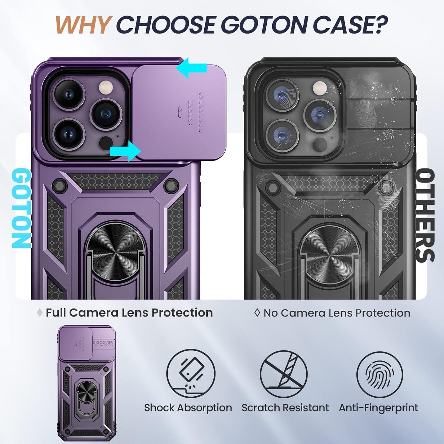 Goton for Iphone 14 Pro Case with Screen Protector - Slide Camera Cover Phone Case with Ring Stand, Heavy Duty Military Grade Shockproof Rugged Bumper for Iphone 14 Pro Accessories Dark Purple  Yin-Goton   