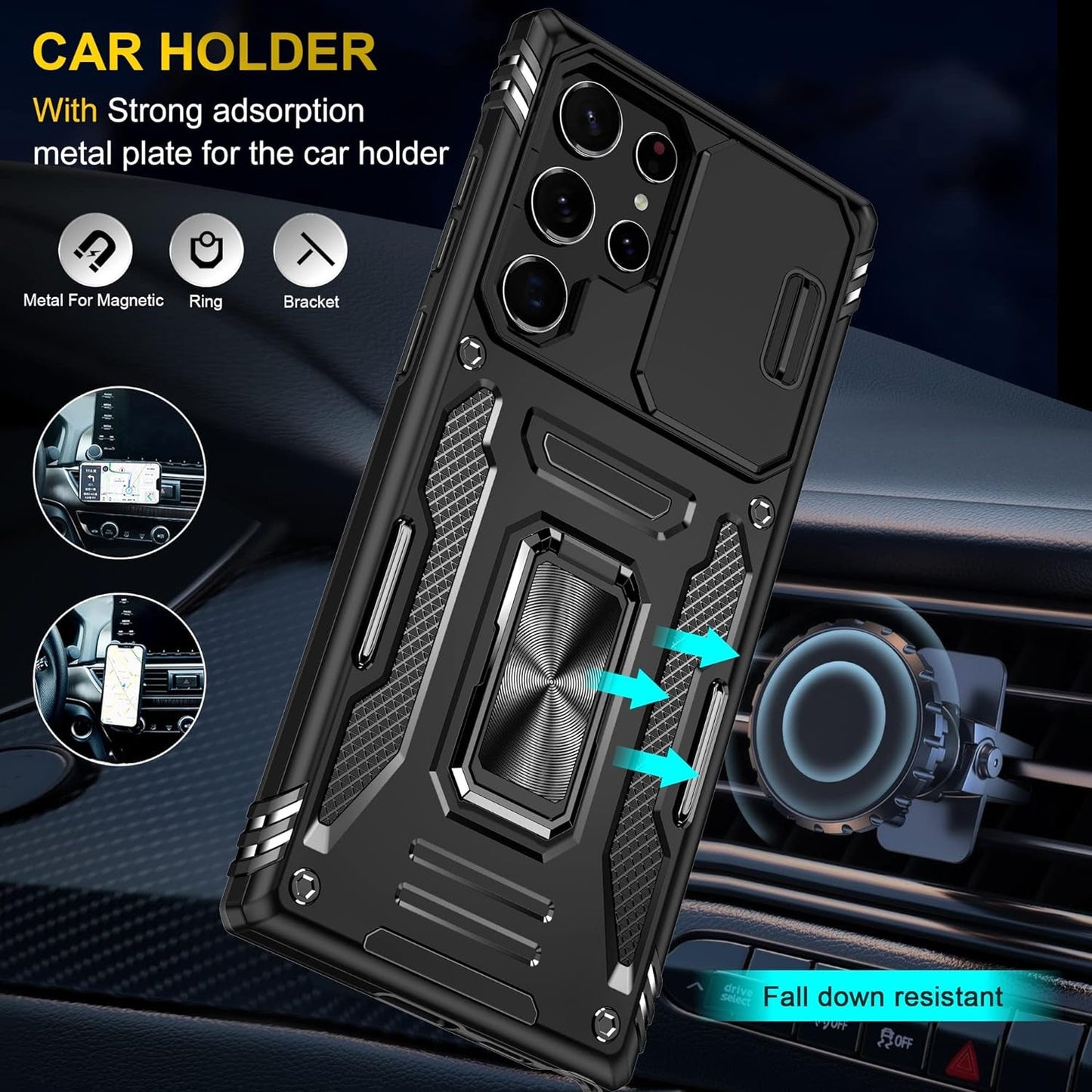 Design for Samsung Galaxy S22 Ultra Case with Stand & Camera Cover, Military Grade Drop Protective Case Built-In 180°+360° Rotate Ring Kickstand,Shockproof Phone Case for Samsung S22 Ultra Case Black