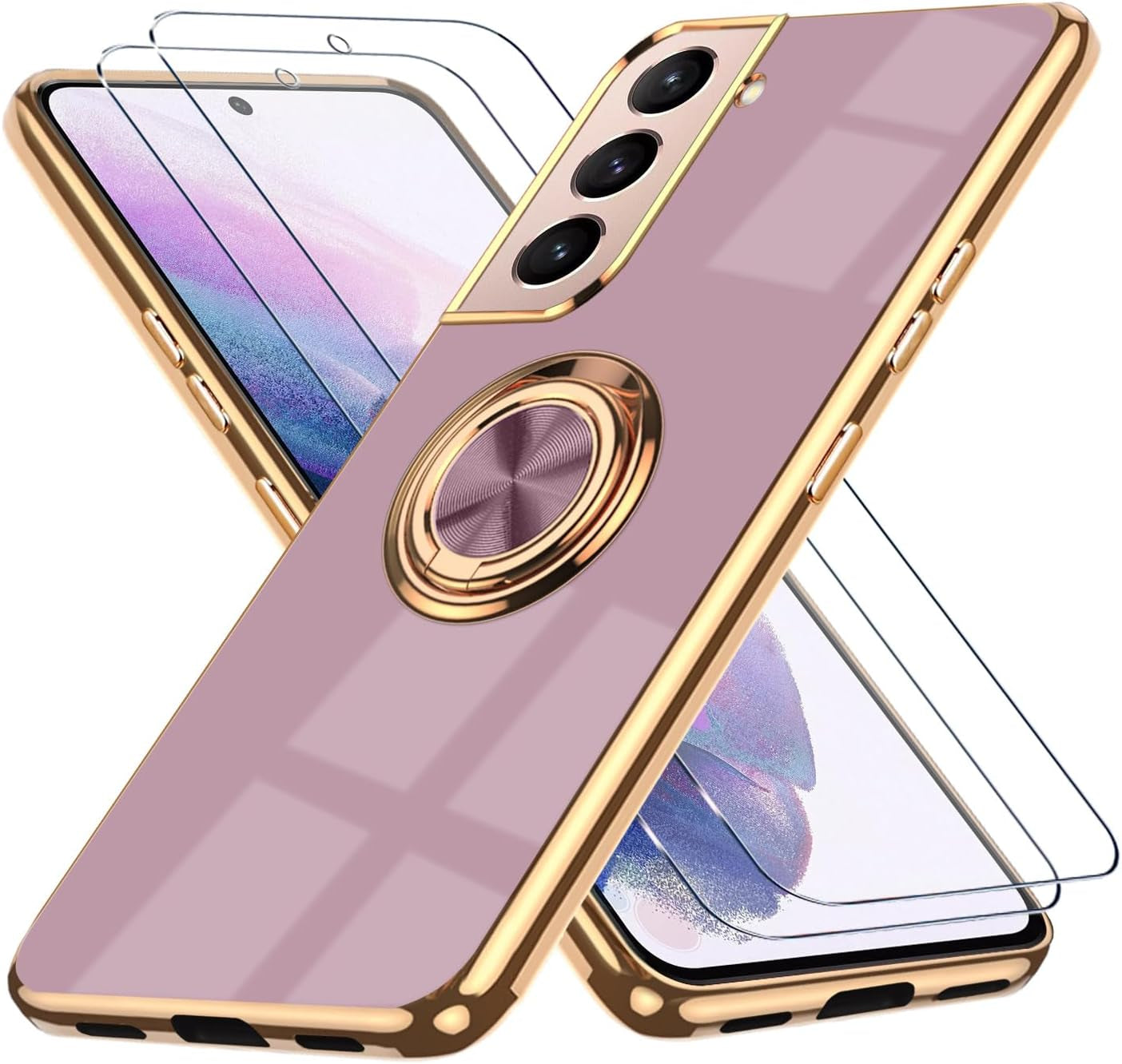 For Samsung Galaxy S22 5G Case, with 2 Screen Protector, Built-In 360° Ring Holder Magnetic Stand, Luxury Electroplated Plating Edge Shockproof Protective Phone Cover, Black