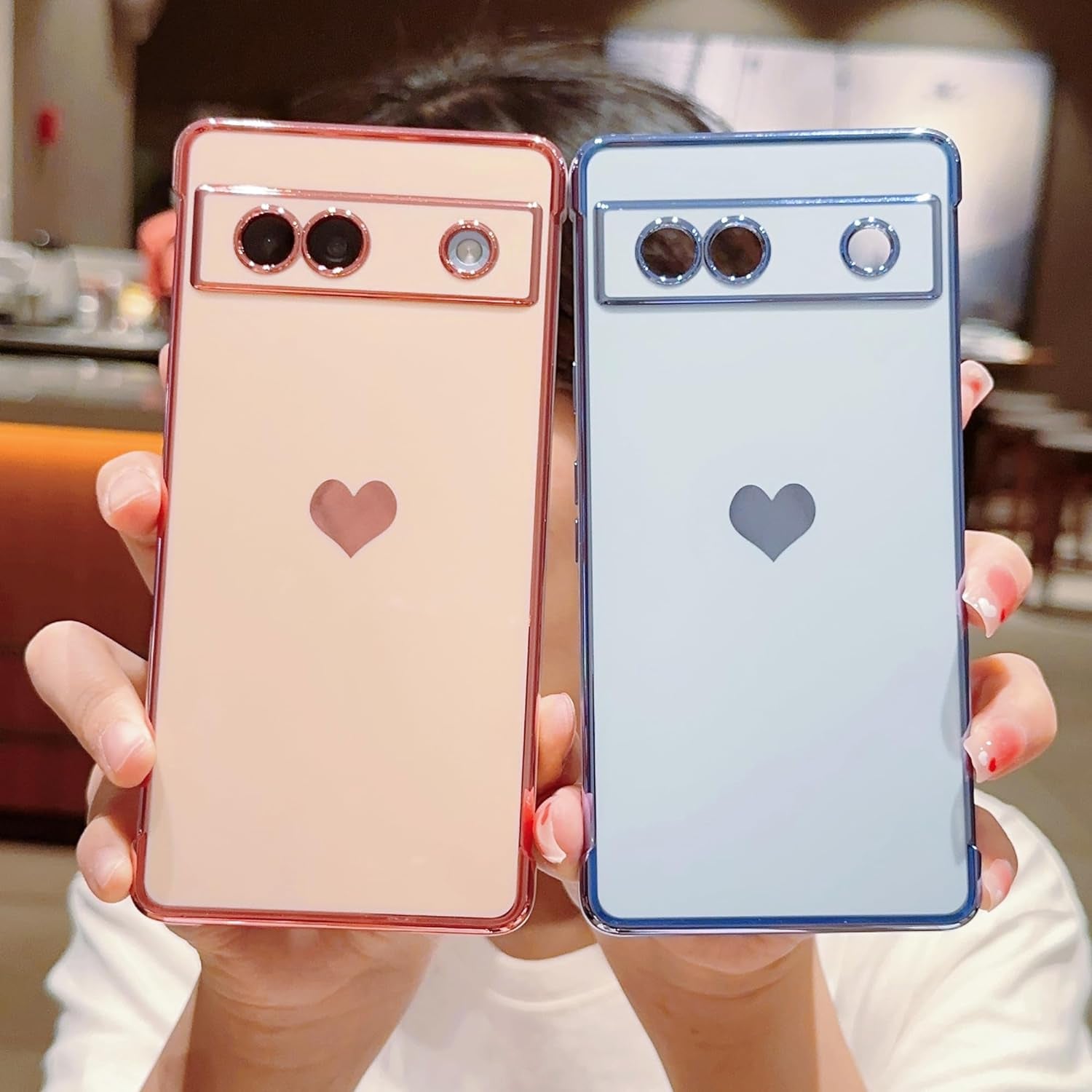 Phylla Compatible with Google Pixel 7A 6.1” 5G Phone Case Luxury Plating Cute Love Heart Side Small Pattern Case Full Camera Protection Soft Silicone Shockproof Bumper Cover (Blue)  PHYLLA   