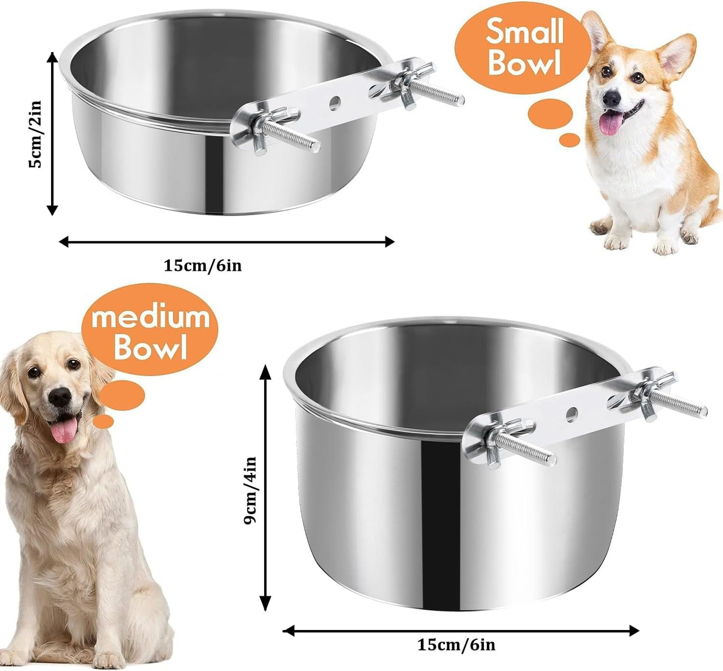 2 Pack Dog Water Bowl Crate No Spill Kennel Hanging Cage Food Bowls for Puppy Cat Bunny Stainless Steel Metal Mountable Small&Medium Feeding Dish Wall Mounted Attachable Crates Pet Feeder