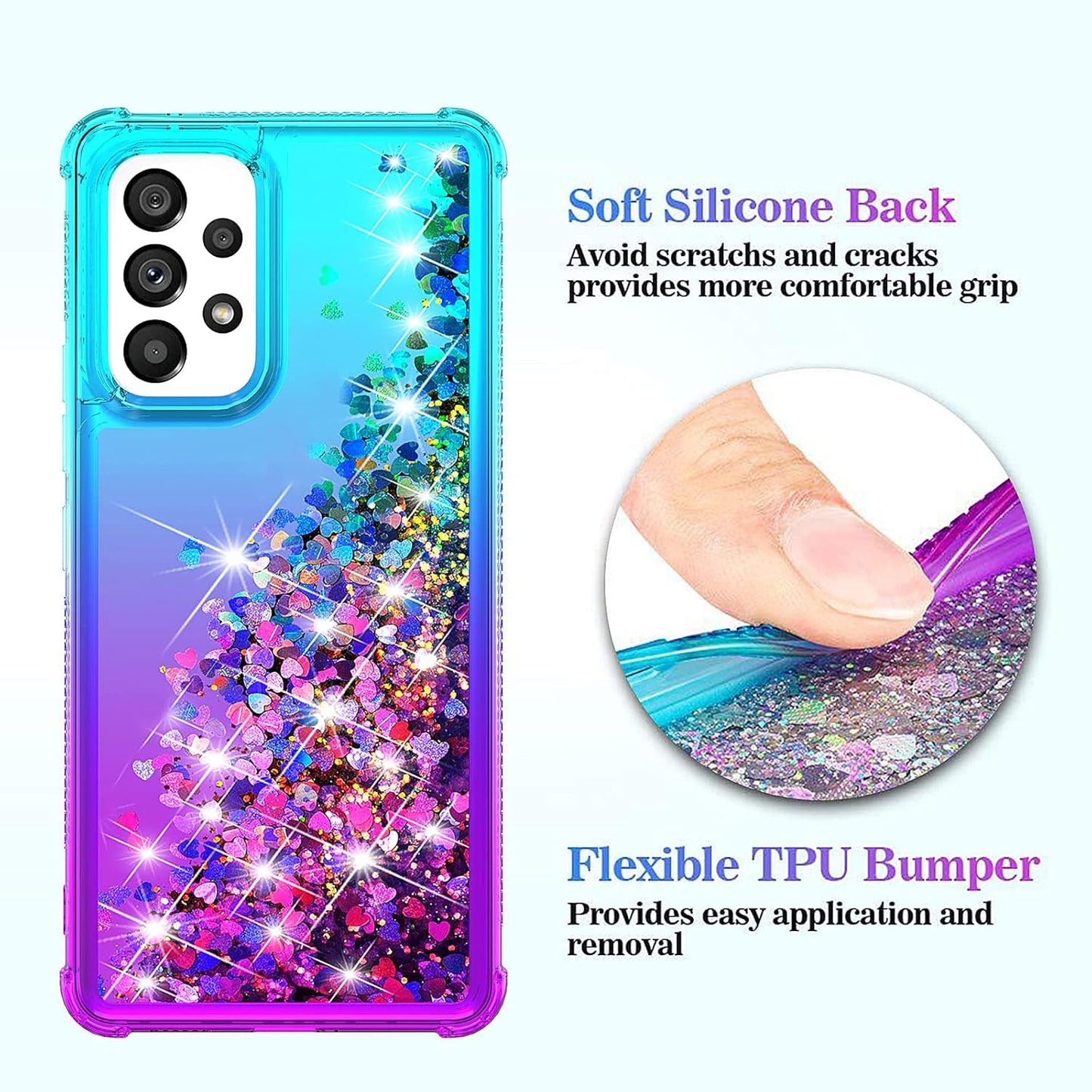 For Galaxy A53 Case,Samsung A53 5G Case with HD Screen Protector,Gradient Quicksand Glitter Liquid Floating Waterfall Durable Girls Cute Phone Case for Samsung Galaxy A53 5G (Teal/Purple)