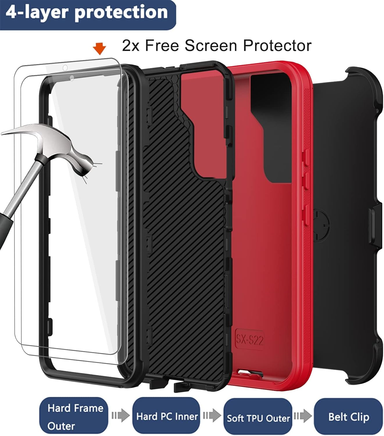 For Samsung Galaxy S22 Case with Belt Clip Holster, 2X Screen Protector, [Military Grade Protection] Heavy Duty Full Body Shockproof Dust-Proof Rugged Protective Cover for Samsung S22 5G (Red)