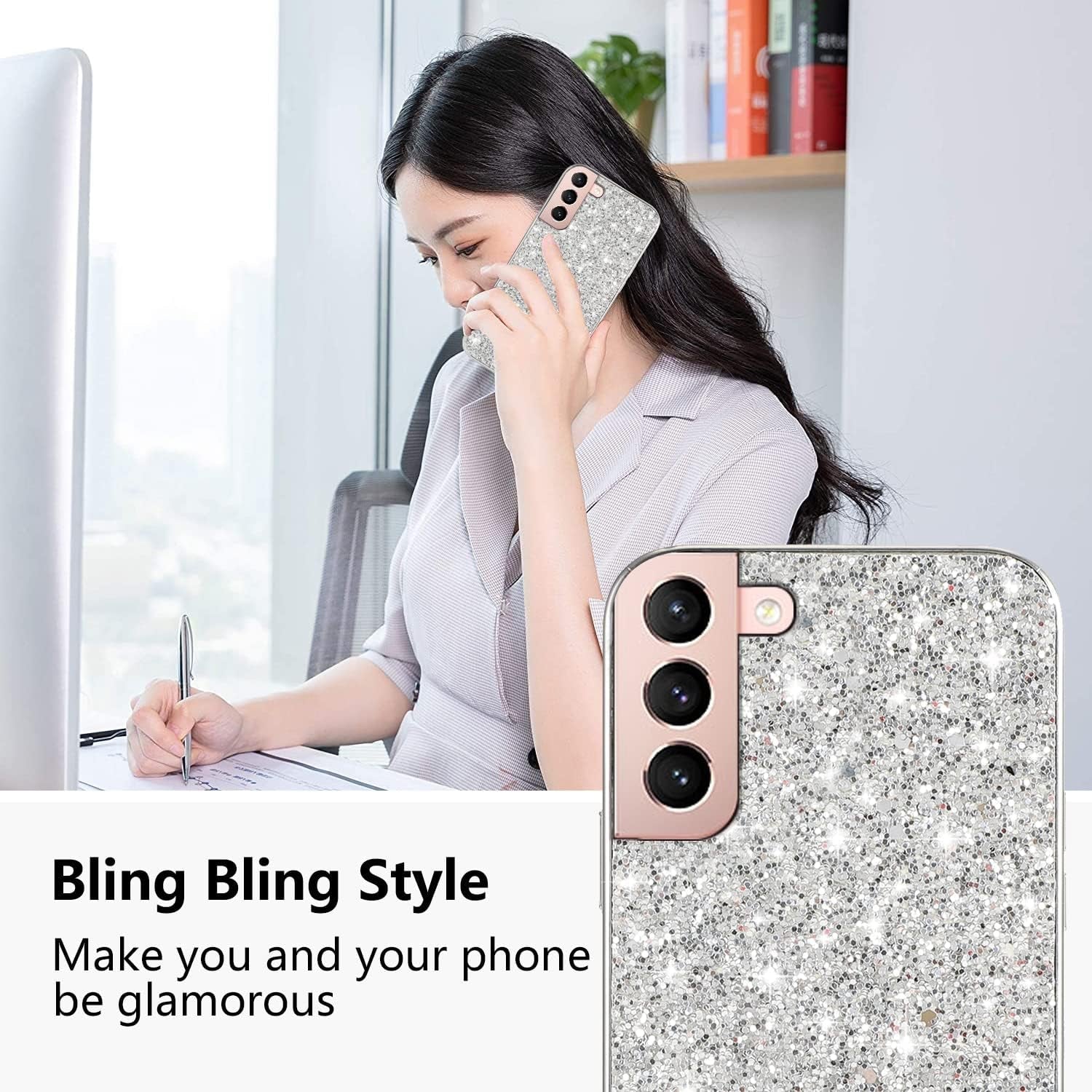 Compatible with Samsung S22 plus Case Glitter Shockproof,Samsung Galaxy S22 plus Phone Case Bling Sparkly Soft TPU and PC Silicone Shiny Girl Women Thin Protective Cover (Silver)