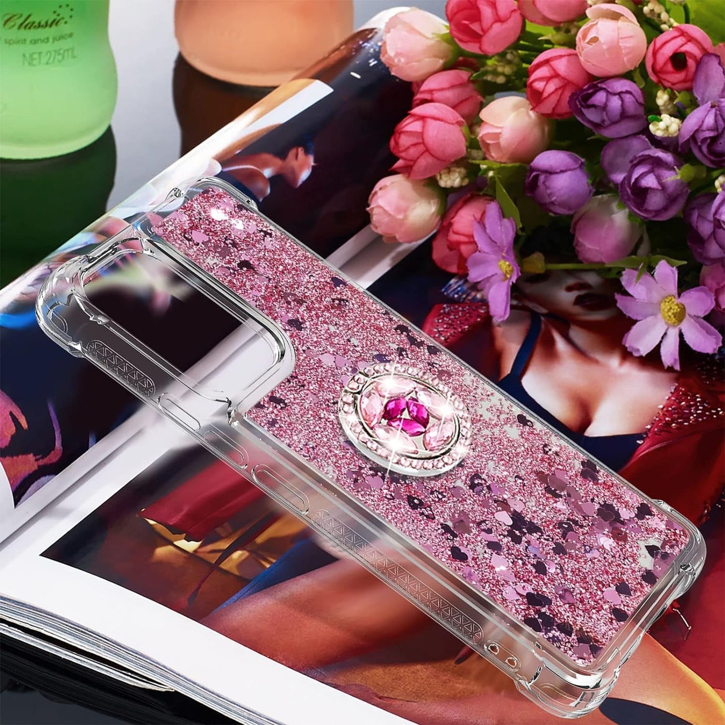 Ccsmall for Samsung Galaxy A53 5G Glitter Case with Ring Holder, Bling Sparkle Floating Liquid Soft TPU Cushion Fashion Girly Women Girls Clear Case Cover for Samsung Galaxy A53 5G LSZ Rose Gold
