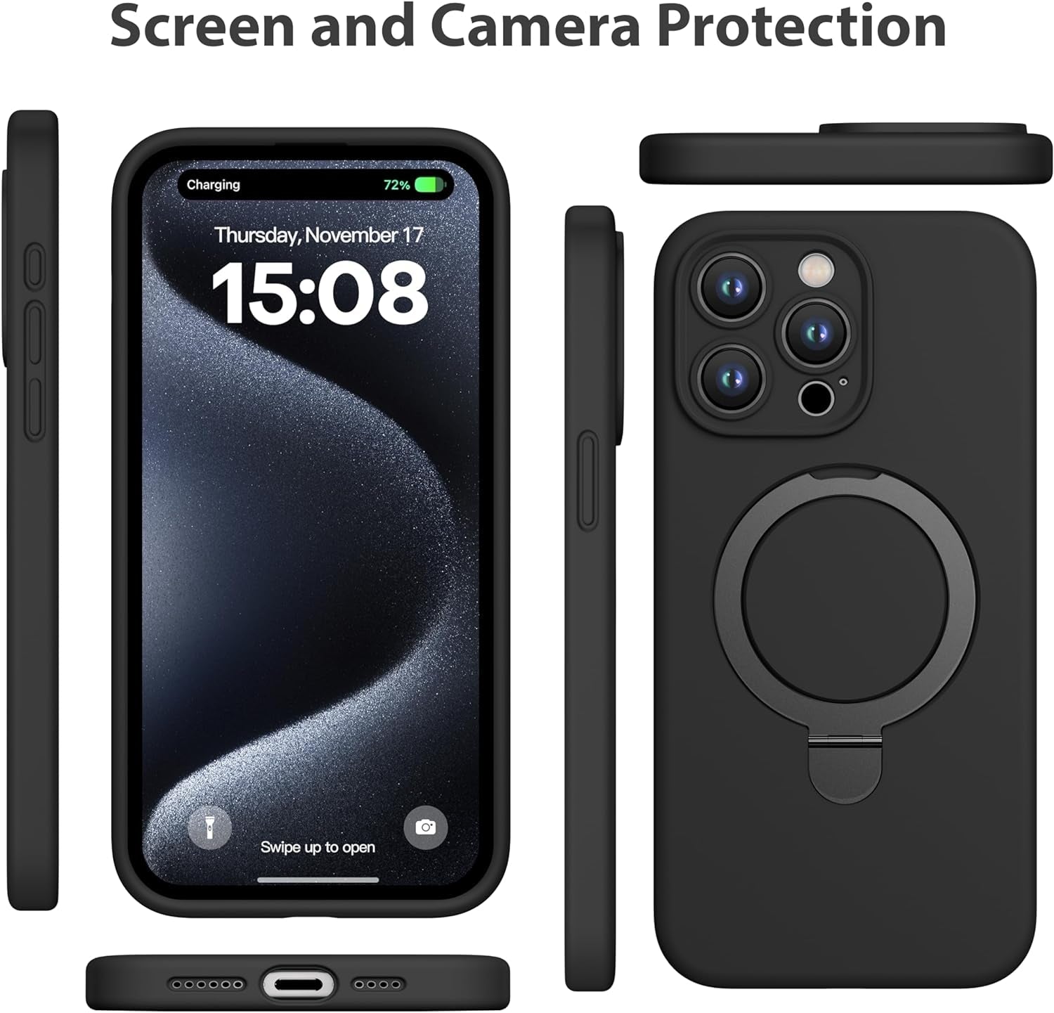 Cellever Magnetic Silicone for Iphone 15 Pro Case [Camera Cover] Military Grade Protection [Compatible with Magsafe] [Slim] Durable Soft Grip Cover with Kickstand, Black  CellEver   