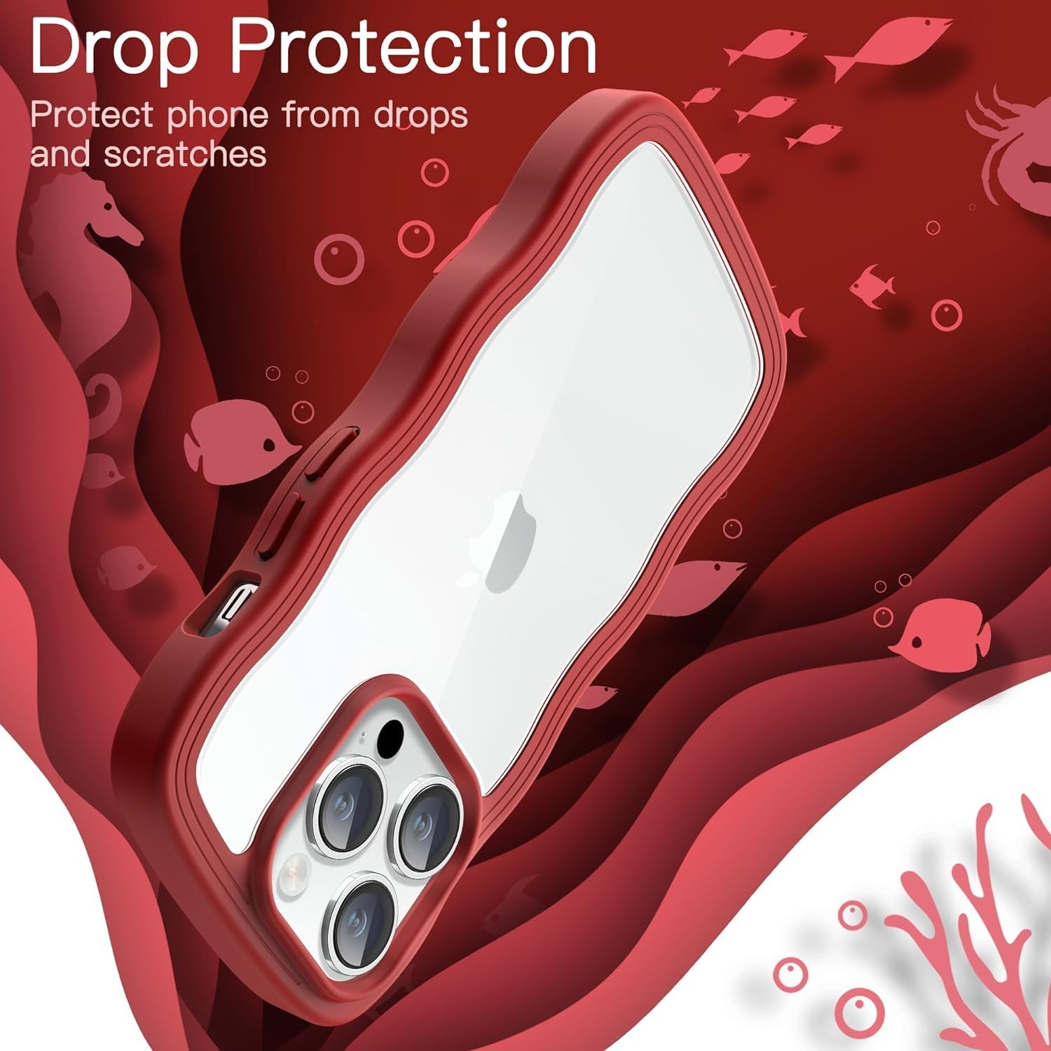 Jetech Cute Case for Iphone 14 Pro 6.1-Inch, Wave Frame Curly Shape Shockproof Phone Cover for Women and Girls, Clear Hard PC Back (Red)  JETech   