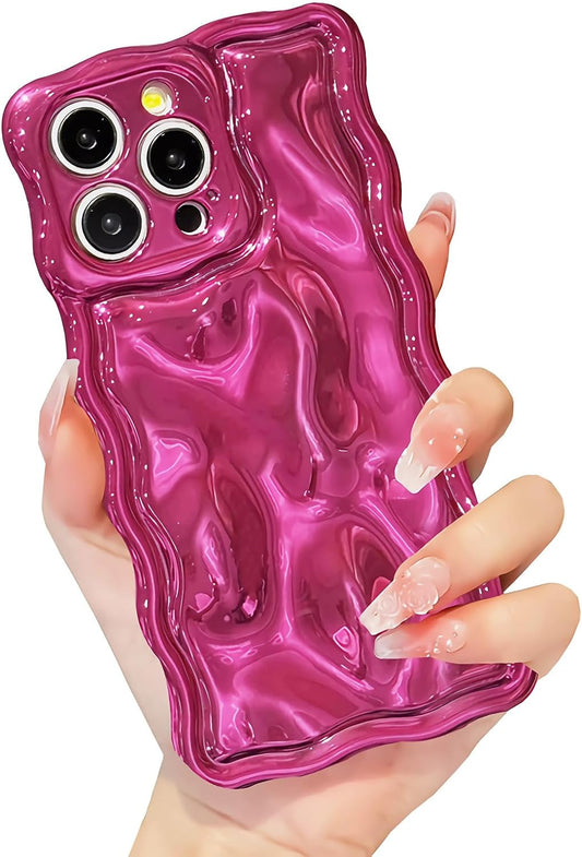 Ekoneda for Iphone 14 Pro Max Case Curly Wavy Cute Square Edge, Aesthetic Silicone Protective Cover for Women Girl Slim Glitter Bling Water Ripple Plating Shockproof Soft Phone Cases, Shiny Hot Pink  ekoneda   