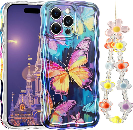 LONTECT for Iphone 14 Pro Max Case Shockproof Slim Full Body Protective Cute Curly Wave Border Camera Protection Cover+Flower Beads Chain Girls Women Case for Apple Iphone 14 Pro Max,Pink Butterfly  Lontect   