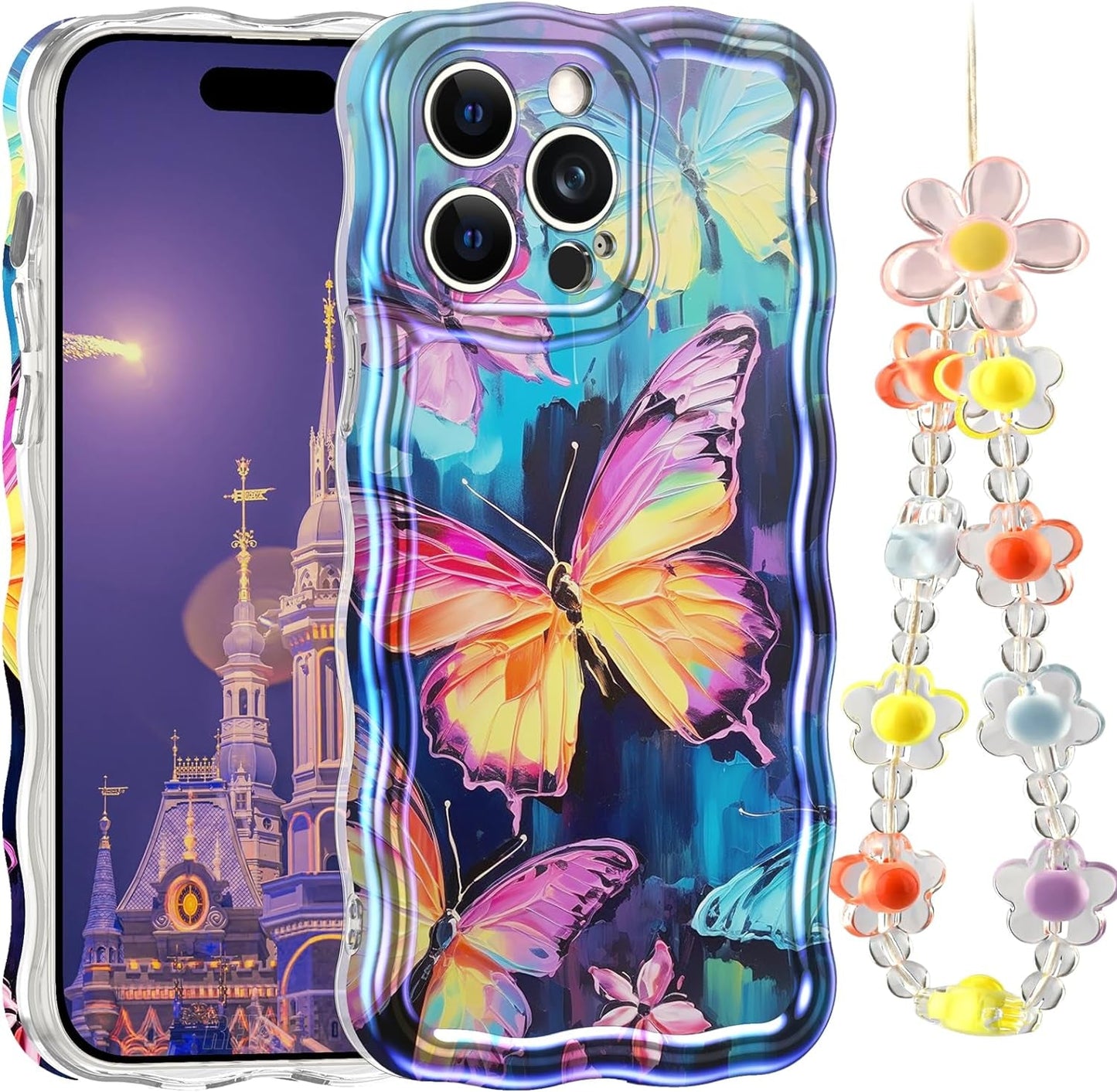 LONTECT for Iphone 14 Pro Max Case Shockproof Slim Full Body Protective Cute Curly Wave Border Camera Protection Cover+Flower Beads Chain Girls Women Case for Apple Iphone 14 Pro Max,Pink Butterfly  Lontect Pink Butterfly Apple Iphone 14 Pro Max 6.7" 