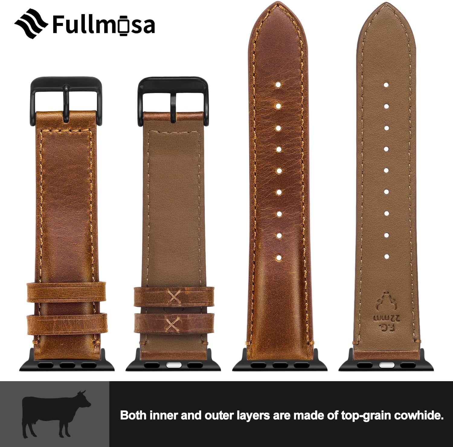 Fullmosa Retro Leather Bands Compatible with Apple Watch 38Mm 40Mm 41Mm for Men Women, Top Grain Real Leather Strap for Iwatch Series 9/8/7/6/5/4/3/2/1/SE/SE2, Brown+Black Buckle