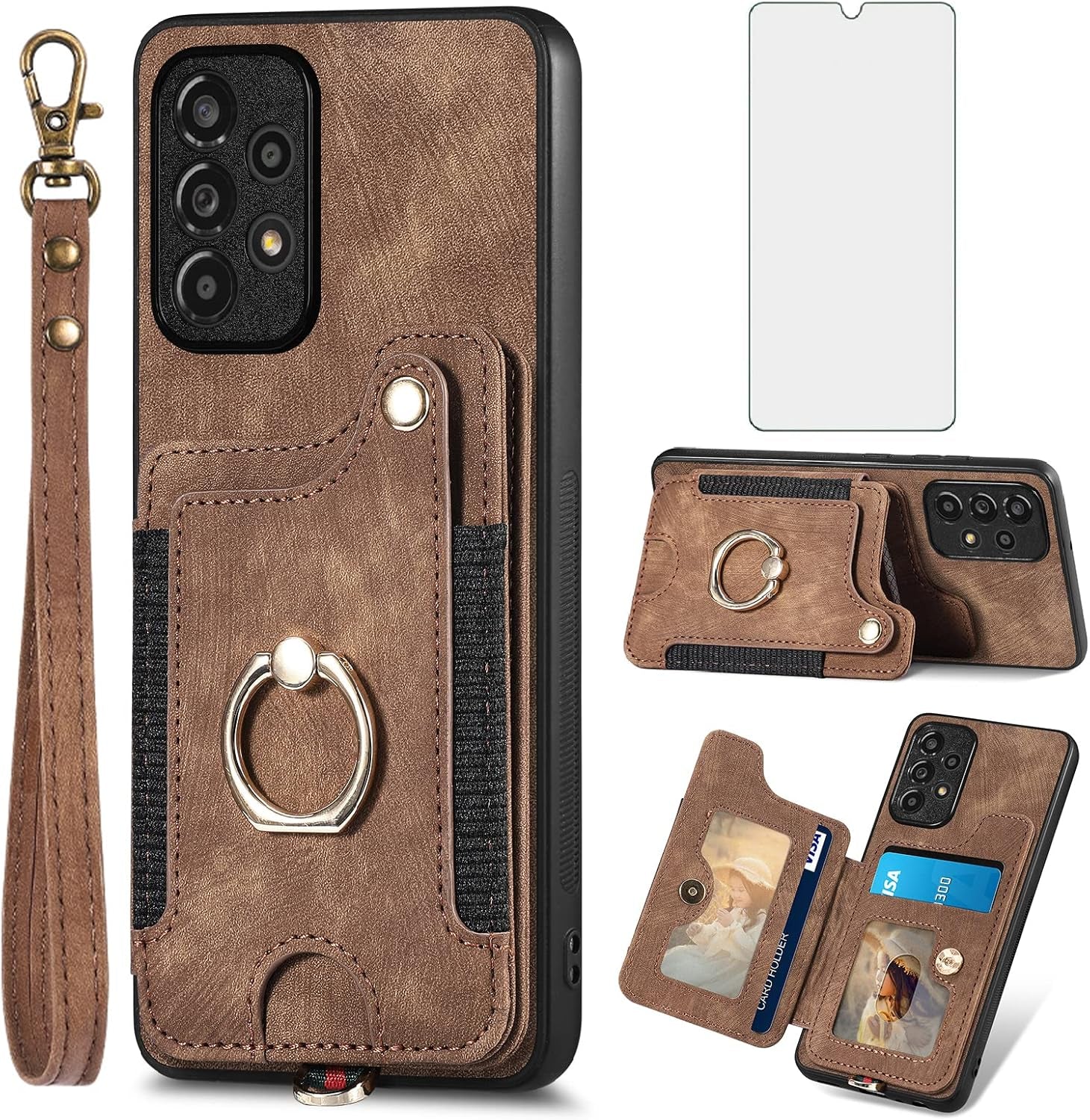 Asuwish Phone Case for Samsung Galaxy A53 5G Wallet Cover with Tempered Glass Screen Protector and Wrist Strap Lanyard RFID Credit Card Holder Ring Stand a 53 G5 53A SM A536U 6.5 2022 Women Men Purple