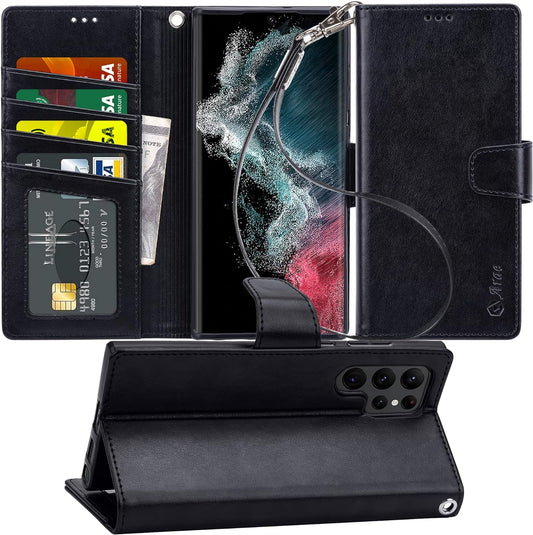 Arae Case for Samsung Galaxy S22 Ultra 5G PU Leather Wallet Case Cover [Stand Feature] with Wrist Strap and [4-Slots] Id&Credit Cards Pocket (S22 Ultra-6.8 Inch, Black)