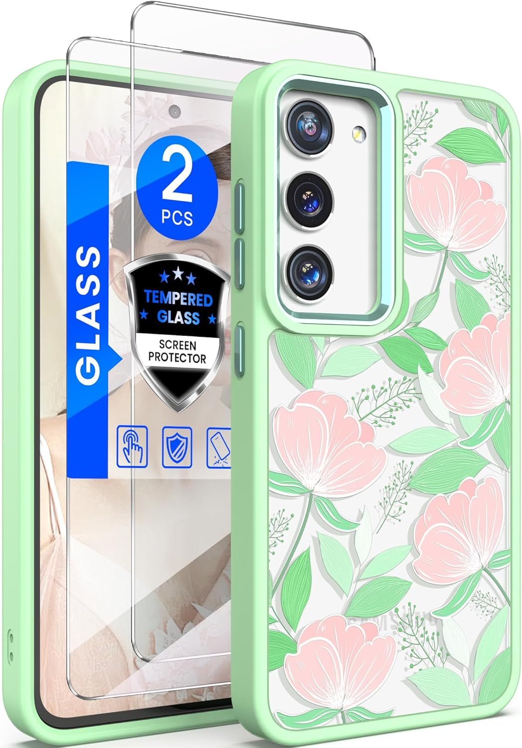 Dretal for Samsung Galaxy S22 5G Case Floral, Military Grade Drop Tested Hard Back & Soft Edge Slim Flower Women Girls Phone Protective Cover + Tempered Glass Screen Protector (Deep Purple)