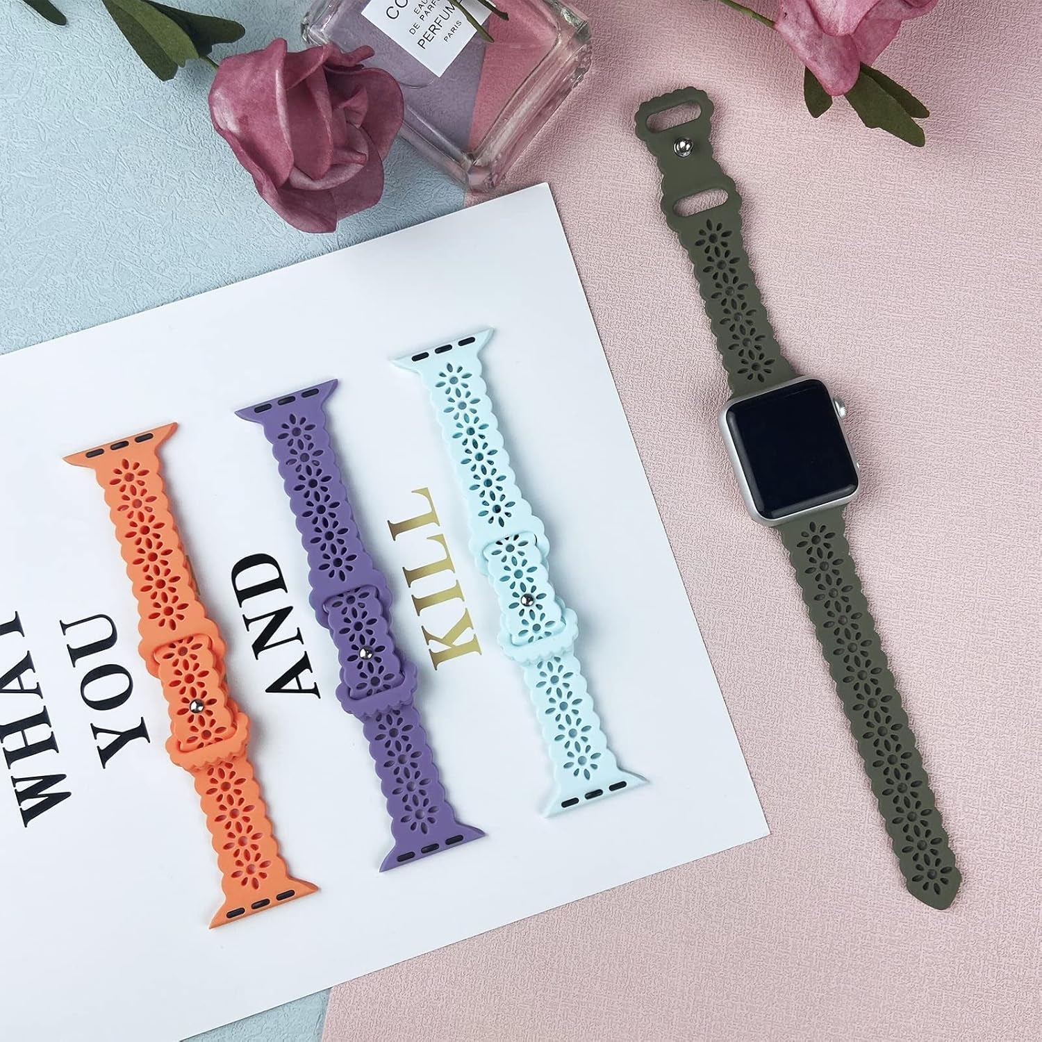 Ginkgonut Lace Silicone Bands Compatible with Apple Watch Band 38Mm 40Mm 41Mm 42Mm 44Mm 45Mm 49Mm,Women Slim Thin Hollow-Out Iwatch Sport Wristband for Apple Watch Ultra Series SE 8 7 6 5 4 3 2 1