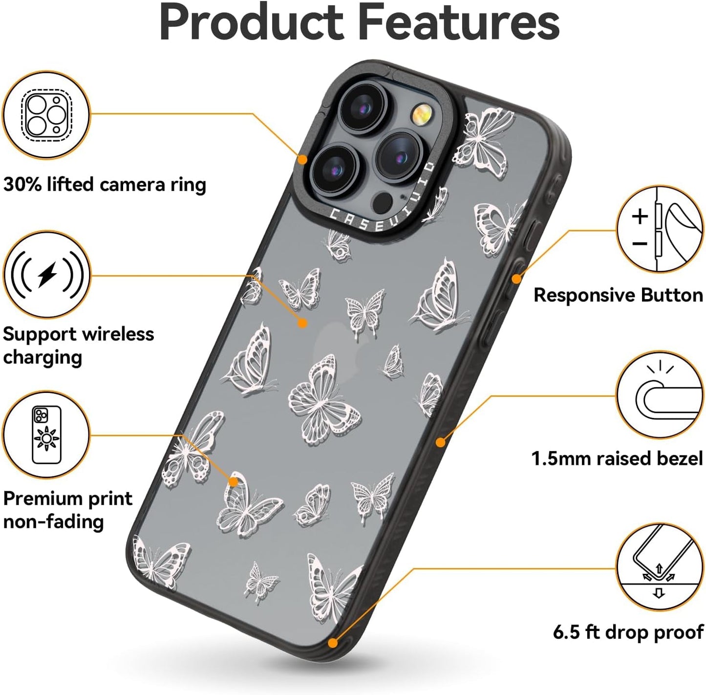 Casevivid Compatible for Iphone 15 Pro Case Cute Aesthetic - Durable Fashion Funny Phone Case - Girly Butterfly Pattern Print Cover Design for Woman Girl 6.1 Inches Black  CASEVIVID   