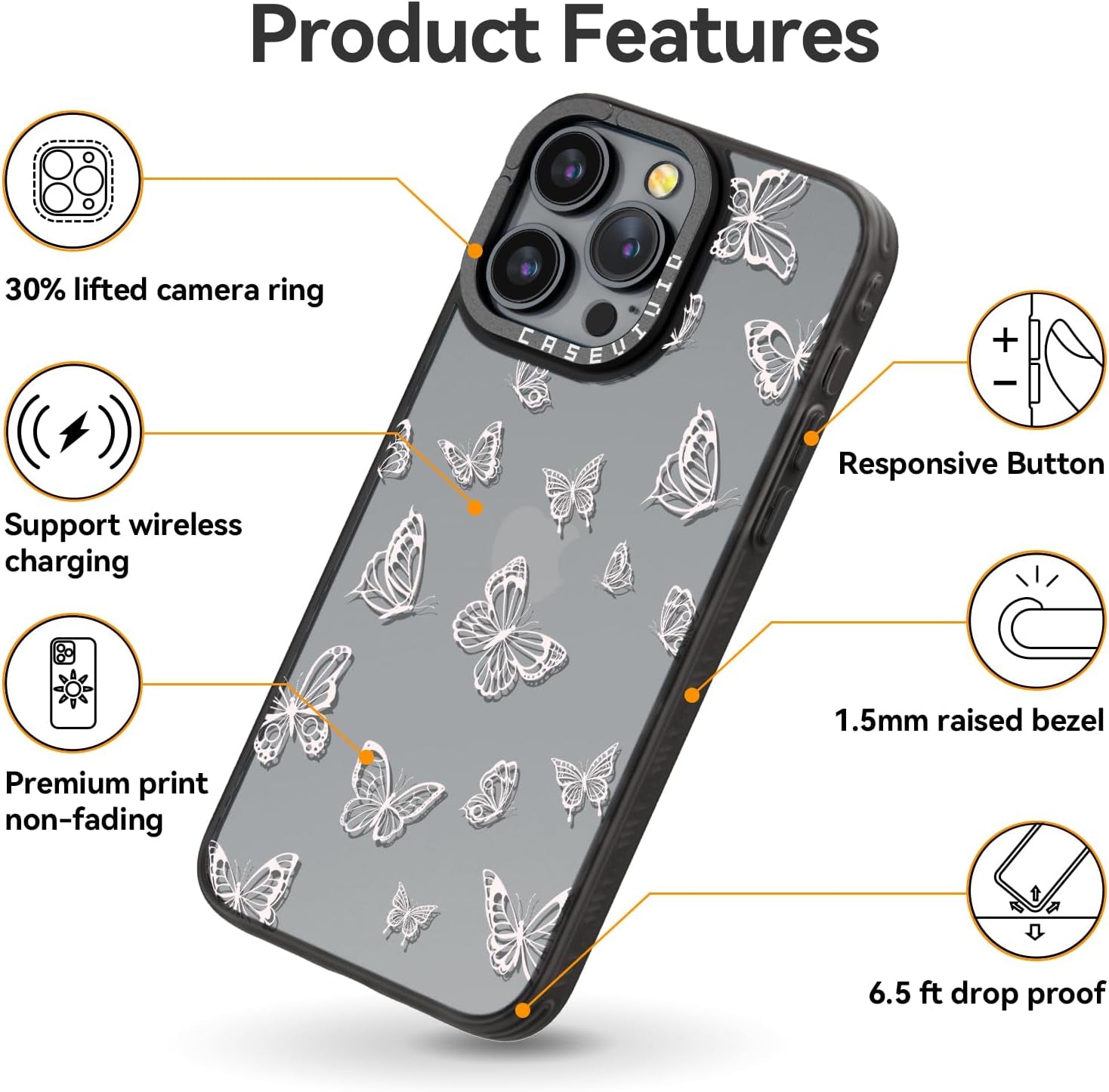 Casevivid Compatible for Iphone 15 Pro Case Cute Aesthetic - Durable Fashion Funny Phone Case - Girly Butterfly Pattern Print Cover Design for Woman Girl 6.1 Inches Black  CASEVIVID   