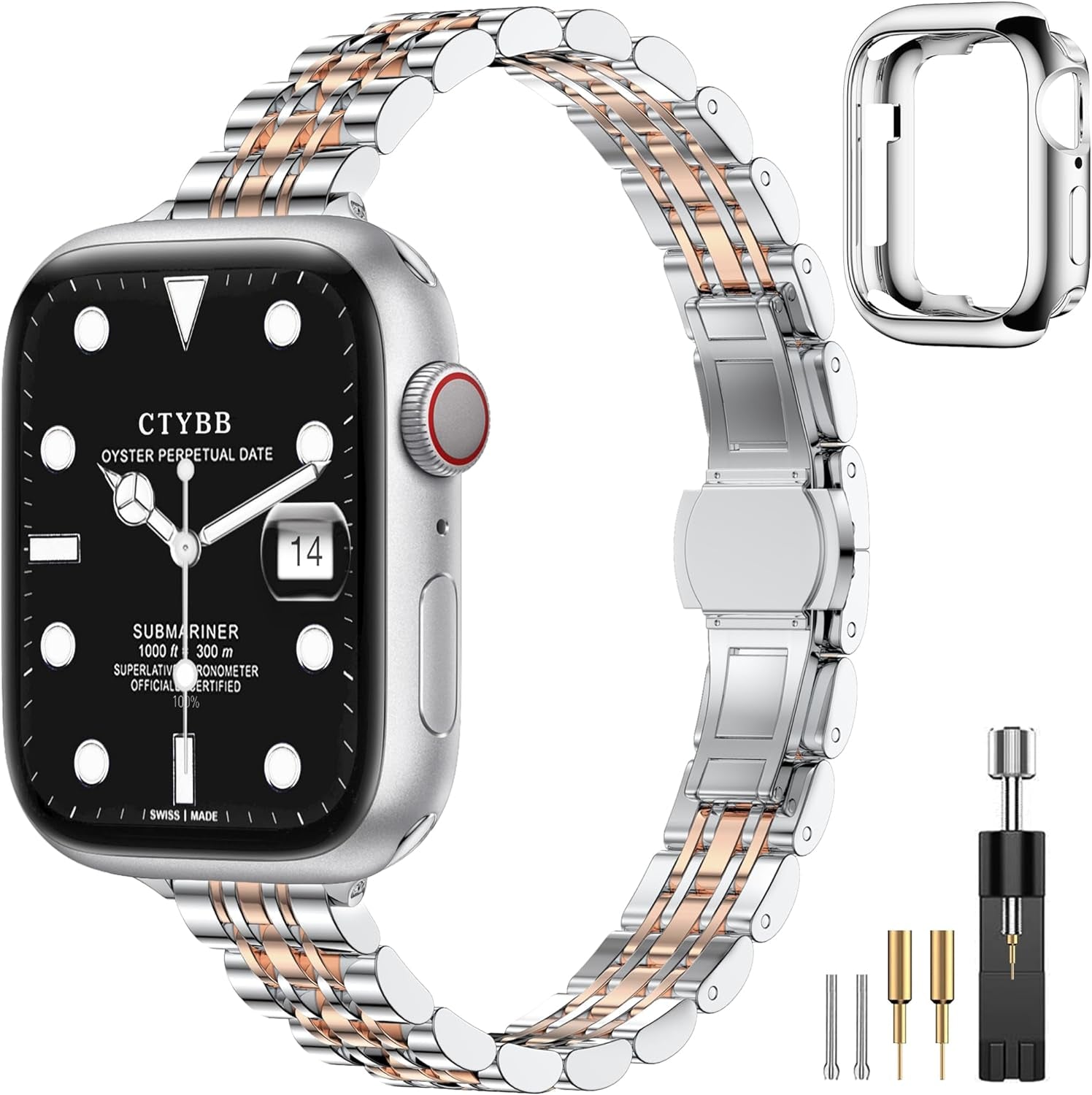 CTYBB Women Slim Band Compatible with Apple Watch Band 38Mm 40Mm 41Mm 42Mm 44Mm 45Mm, Stainless Steel Replacement Straps with Case for Iwatch Bands Series 9 8 7 6 5 4 3 2 1 Se,Silver+Gold