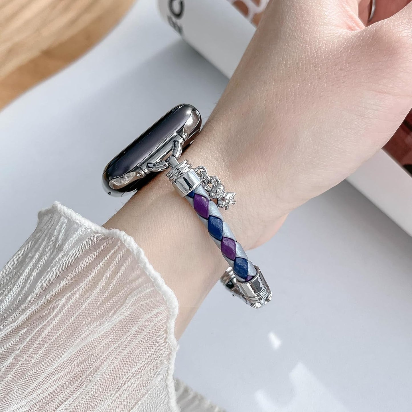 Braided Leather Band Compatible with Apple Watch 38Mm 40Mm 41Mm 42Mm 44Mm 45Mm 49Mm, Bling Crystal Pendant Strap Dressy Metal Bracelet for Iwatch Series 9 8 7 6 5 4 3 2 1 SE Ultra