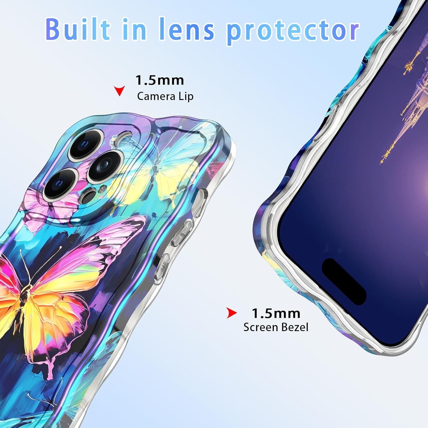 LONTECT for Iphone 14 Pro Max Case Shockproof Slim Full Body Protective Cute Curly Wave Border Camera Protection Cover+Flower Beads Chain Girls Women Case for Apple Iphone 14 Pro Max,Pink Butterfly  Lontect   