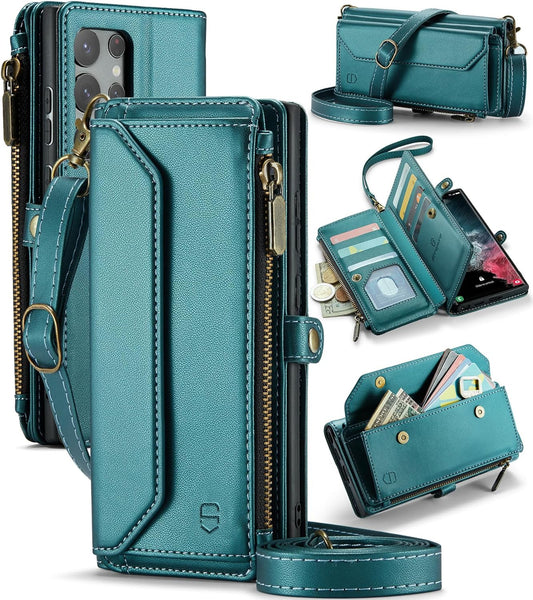 Crossbody for Samsung Galaxy S22 Ultra Case Wallet【Rfid Blocking】 with 10-Card Holder Zipper Bills Slot, PU Leather Magnetic Shoulder Strap for Galaxy S22 Ultra 5G Phone Case Women,Bluegreen