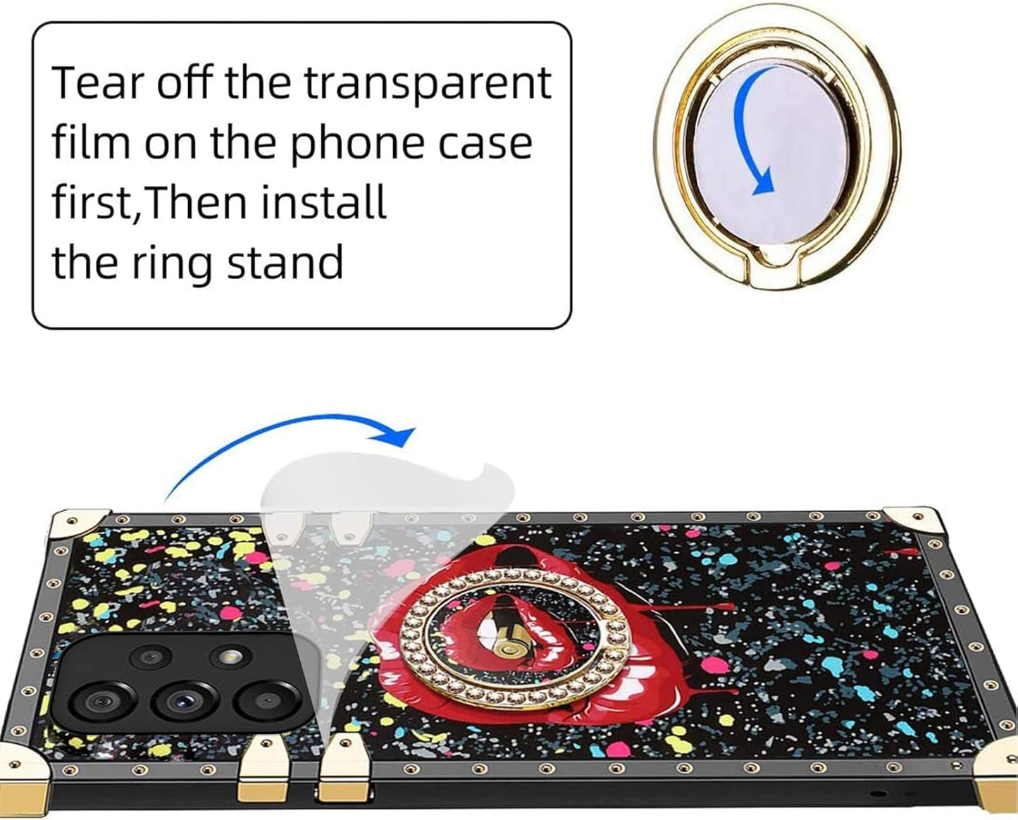 For A53 5G Case, Samsung A53 Case Square Rivet for Girls Women Crystal Shockproof Protection with Kickstand Cute Lanyard Square Retro Elegant Slim Soft Tpu Cover for Galaxy A53 5G(Black Lips)