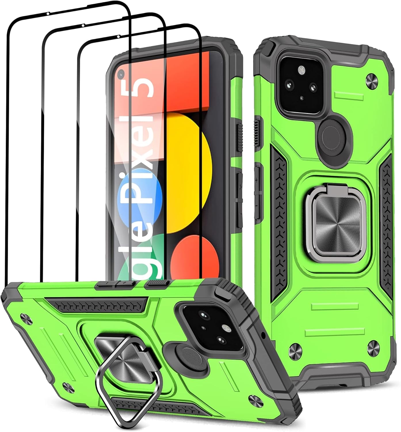 Google Pixel 5 Case Cover with [3 Pcs] Tempered Glass Screen Protector, Military-Grade Built in Magnetic Ring Kickstand Dual Layer Hybrid Shockproof Aromr Rugged Case for Google Pixel 5 - Green  ANOUKE Green  