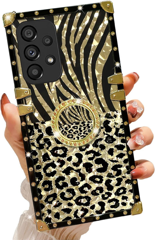 Case for Galaxy A53 5G, for Samsung A53 5G Phone Case with Ring Stand Retro Elegant Luxury Sparkle Leopard Cheetah Print Design Gold Full Protection Square Protective Phone Cover for Girls Women
