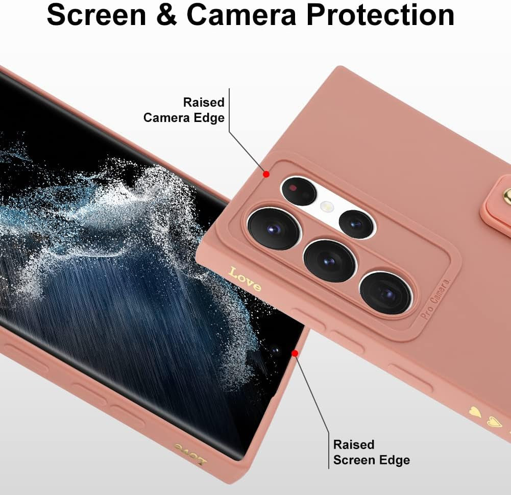 Fiyart Designed for Galaxy S22 Ultra Case with Phone Stand Holder Cute Love Hearts Pattern Slim Protective Camera Protection Cover with Wrist Strap for Women Girls for Galaxy S22 Ultra 6.8"-Pink